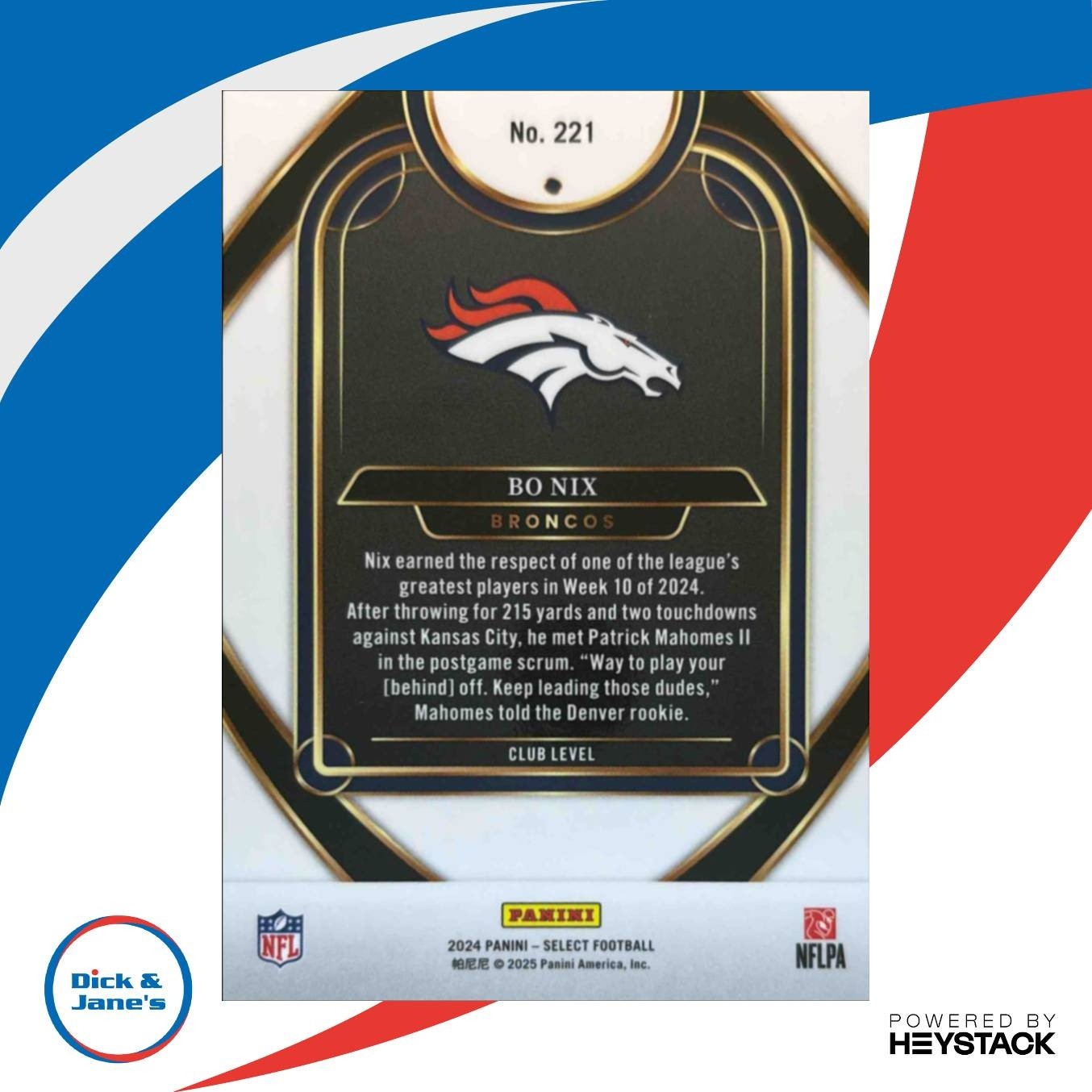 2024 Panini Select Bo Nix Club #221 RC Denver Broncos