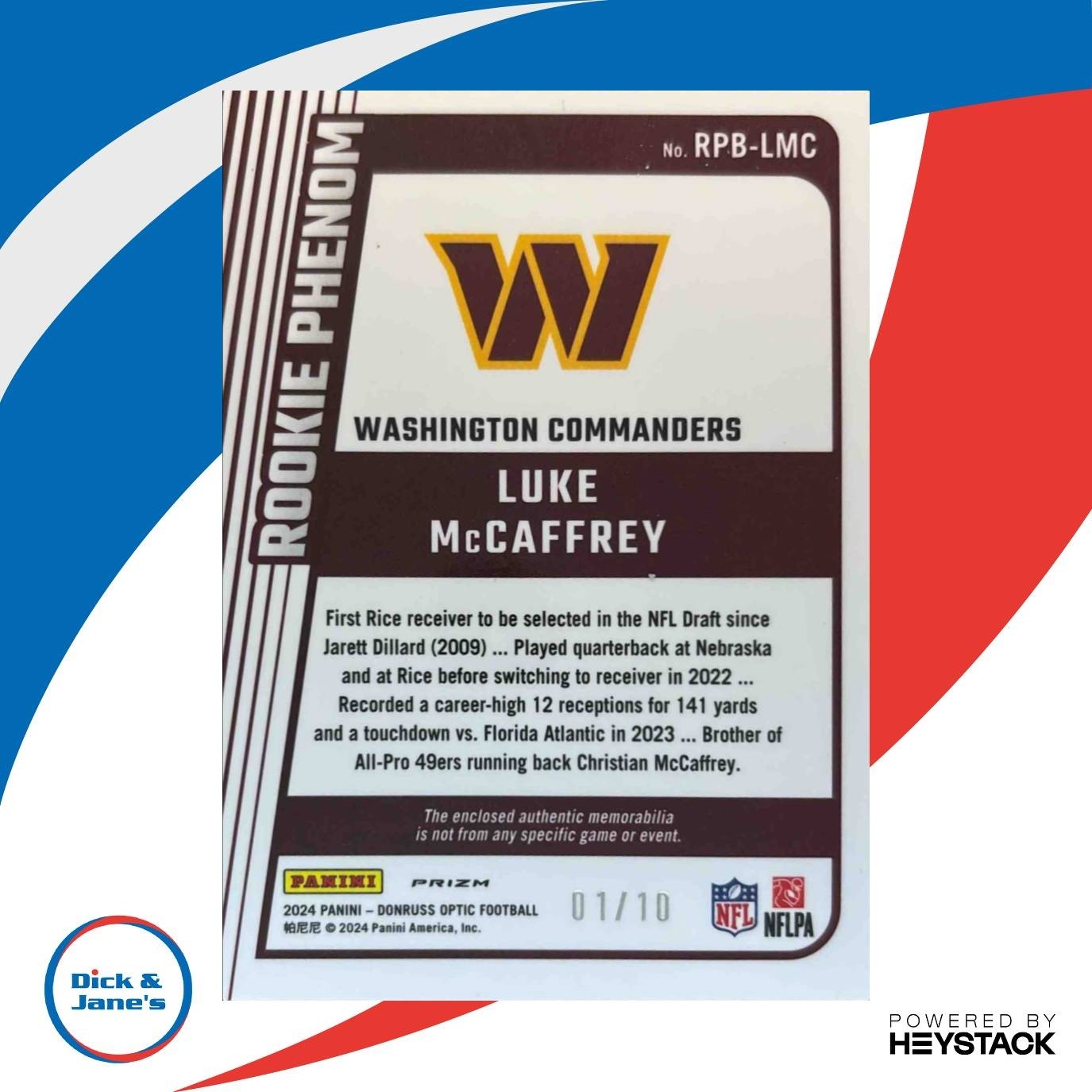 2024 Donruss Optic Luke McCaffrey Rookie Phenoms Gold 1/10 Washington Commanders