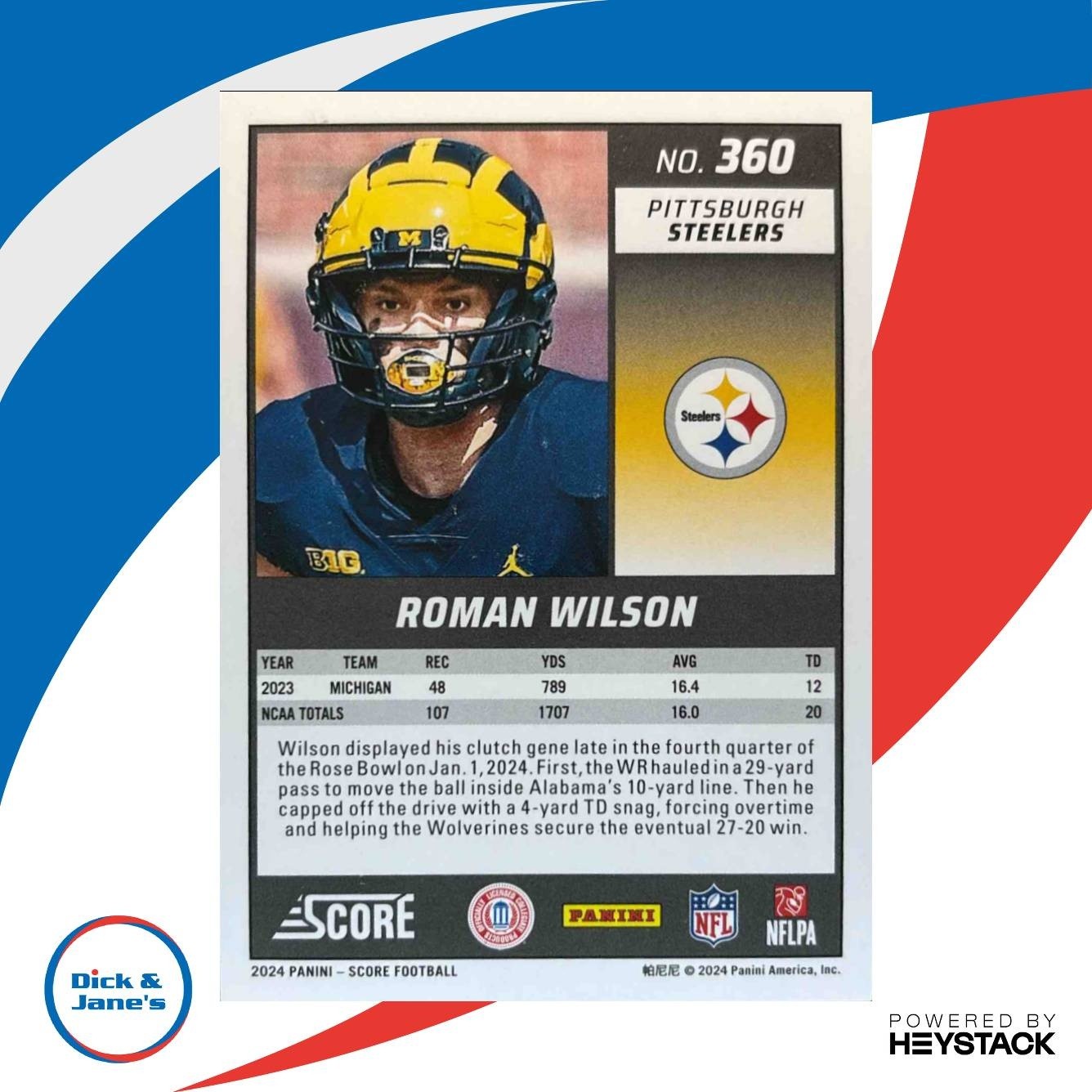 2024 Panini Score Roman Wilson Circular 120/135 #360 RC Pittsburgh Steelers