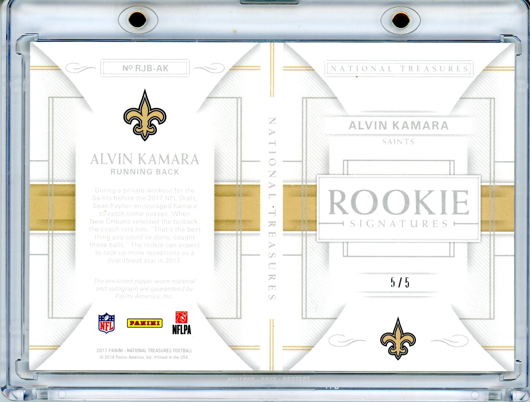 2018 Panini National Treasures Alvin Kamara Rookie 5/5 Laundry Tag Patch Saints