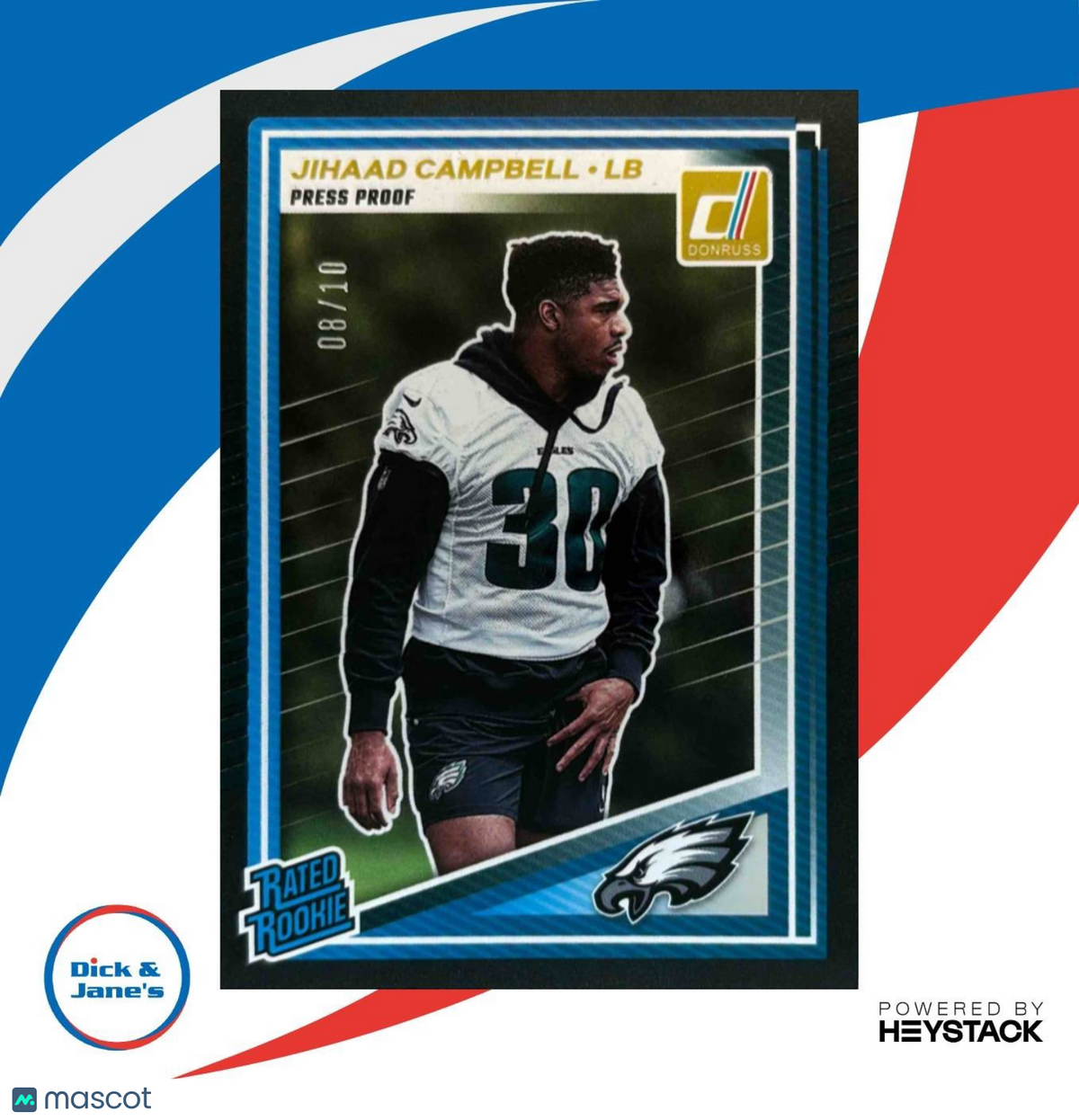 2025 Donruss Jihaad Campbell Rated Rookie Press Proof Black /10 #343 Eagles