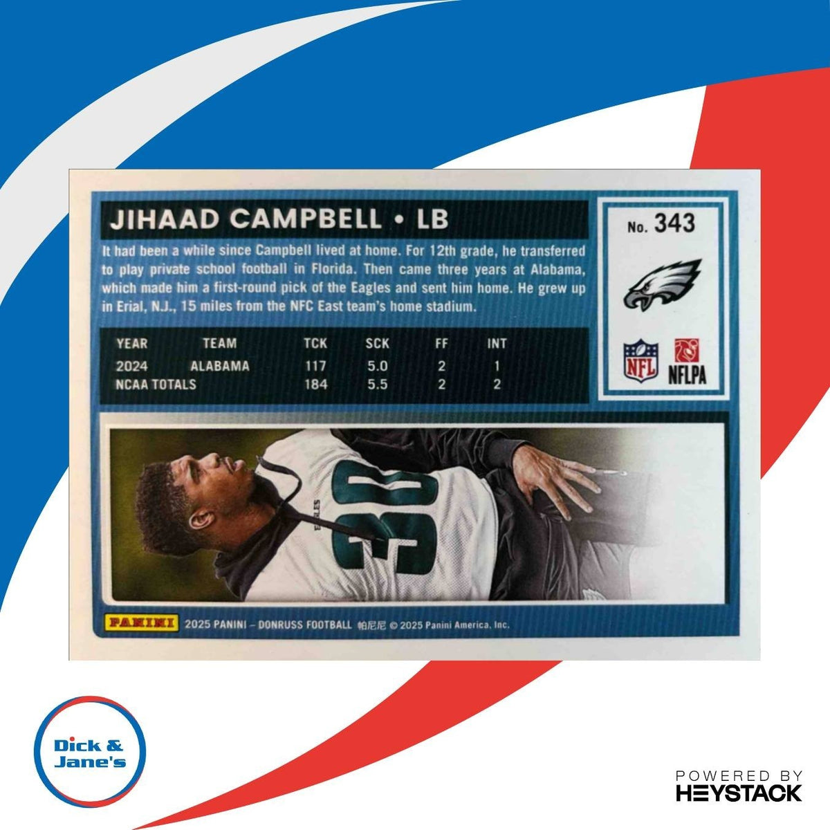 2025 Donruss Jihaad Campbell Rated Rookie Press Proof Black /10 #343 Eagles