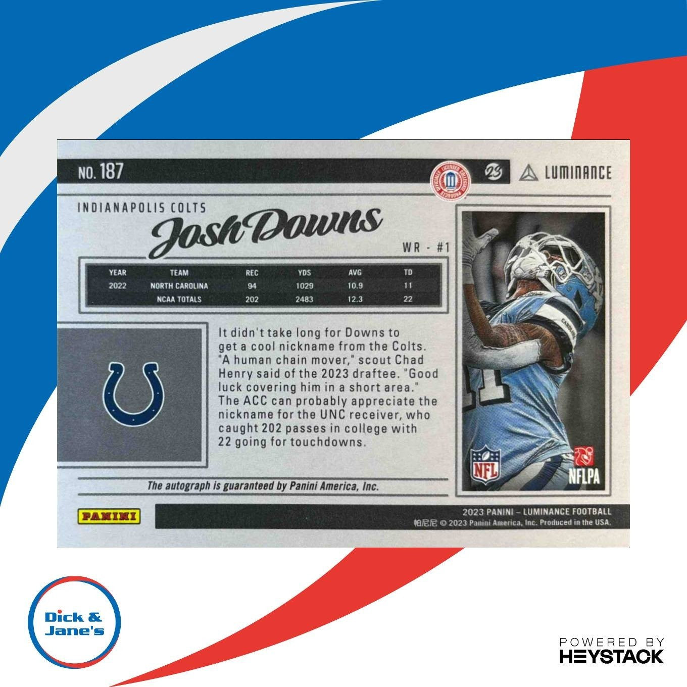 2023 Panini Luminance Josh Downs Auto Green /25 #187 RC Indianapolis Colts