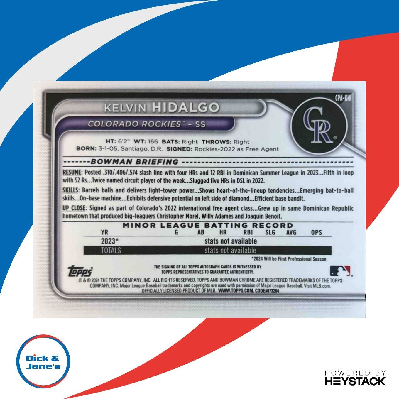 2024 Bowman Kelvin Hidalgo Chrome Auto Mini Diamond /100 1st Prospect Rockies