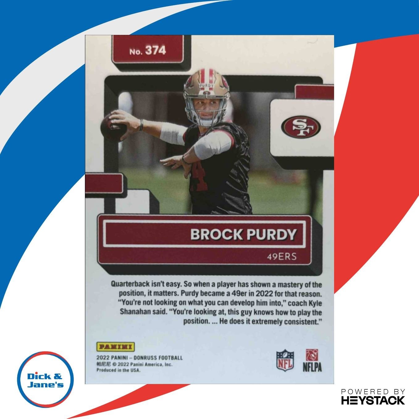 2022 Panini Donruss Brock Purdy #374 RC Rated Rookie San Francisco 49ers