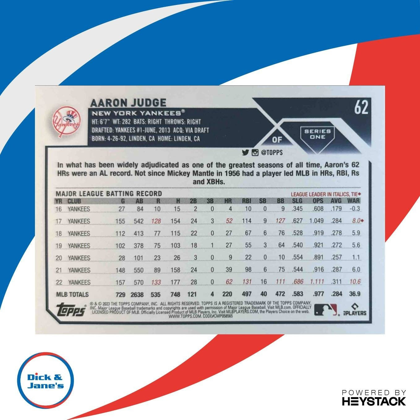 2023 Topps Aaron Judge #62 New York Yankees