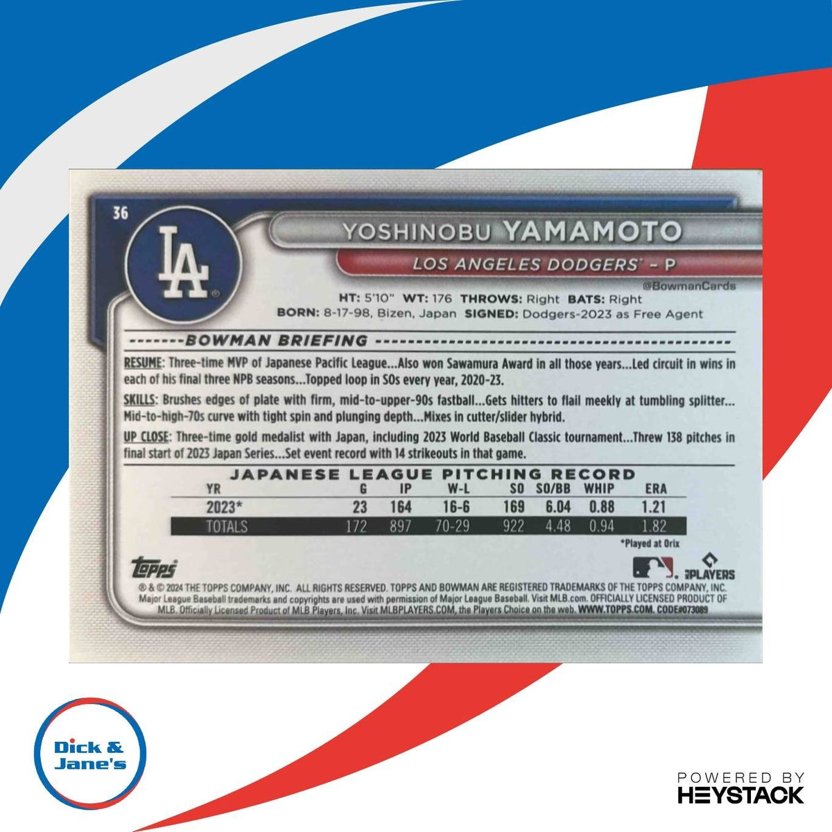 2024 Bowman Yoshinobu Yamamoto #36 RC Los Angeles Dodgers