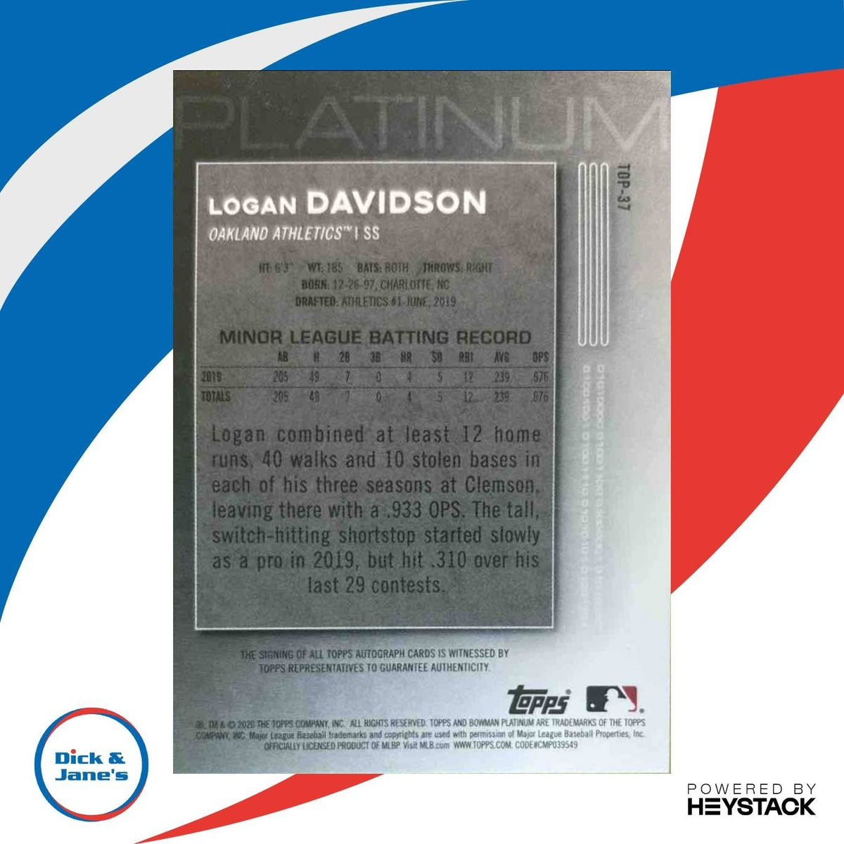2020 Bowman Platinum Logan Davidson Top Prospect Auto #TOP-37 Oakland Athletics