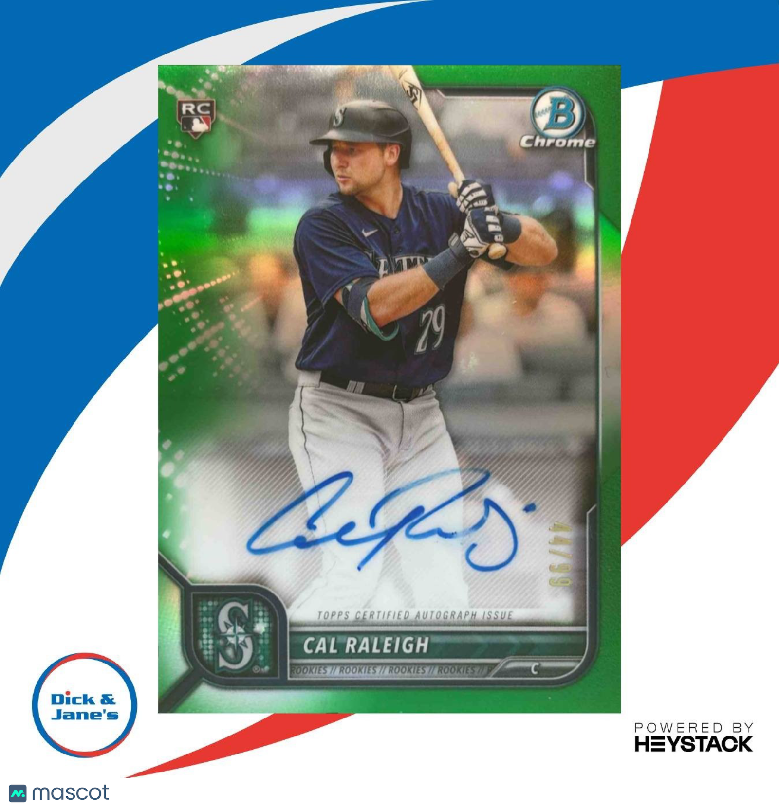 2022 Bowman Cal Raleigh Chrome Rookie Auto Green Refractor /99 RC Mariners