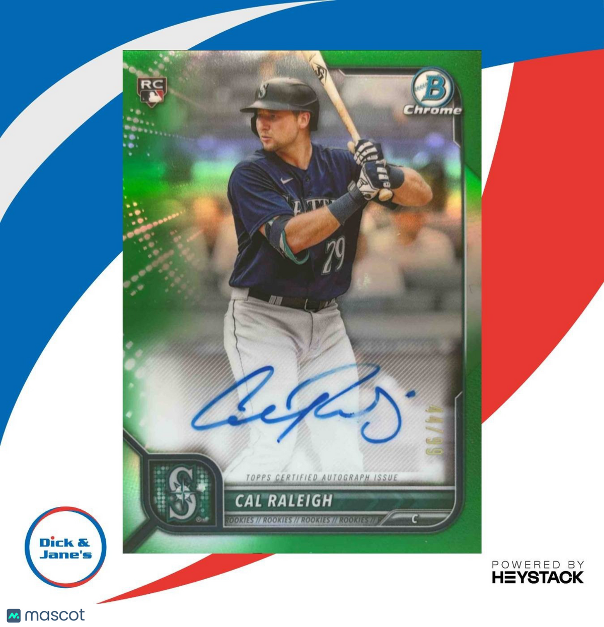 2022 Bowman Cal Raleigh Chrome Rookie Auto Green Refractor /99 RC Mariners