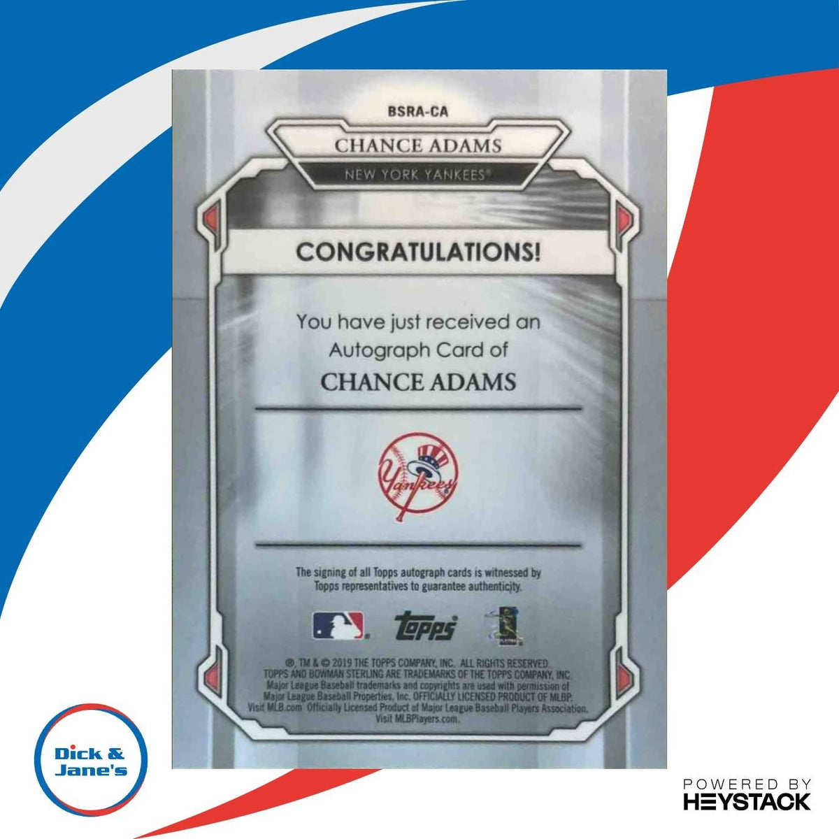 2019 Bowman Sterling Chance Adams Prospect & Rookie Auto RC New York Yankees