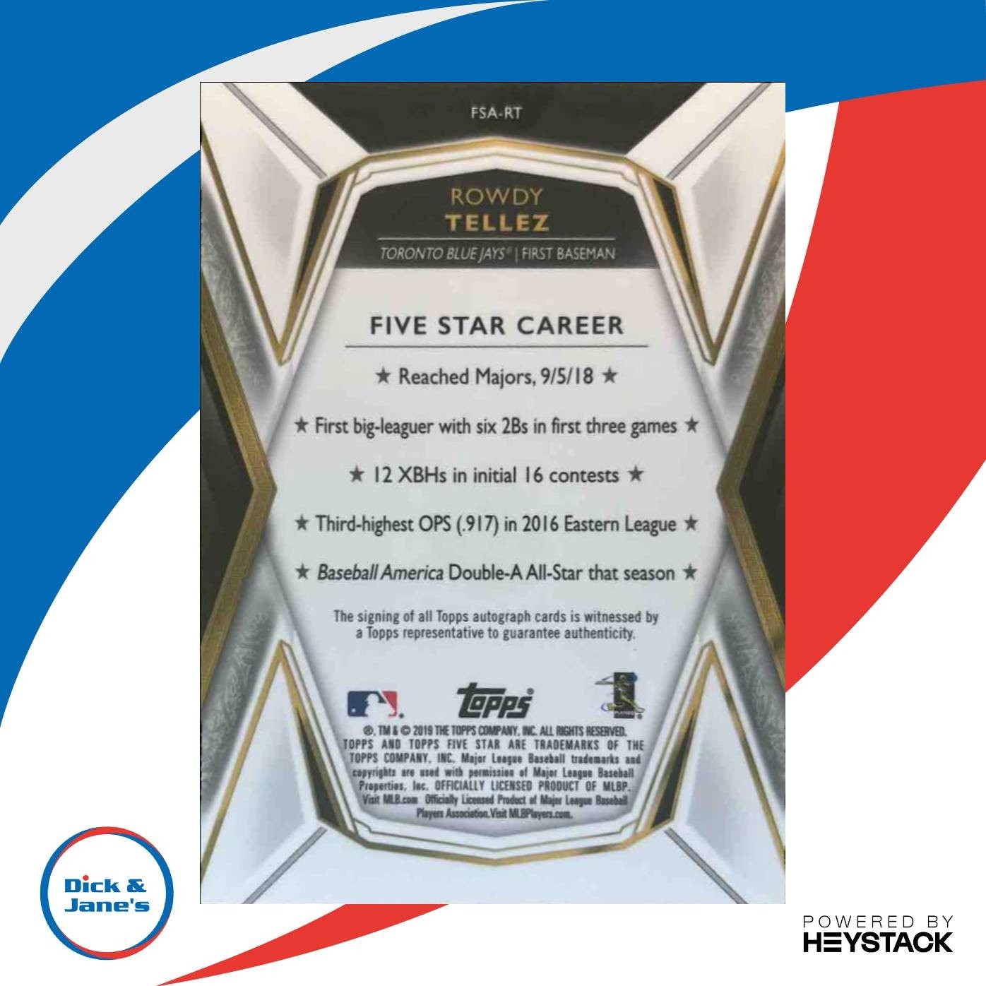 2019 Topps Five Star Rowdy Tellez #FSA-RT RC Auto Toronto Blue Jays