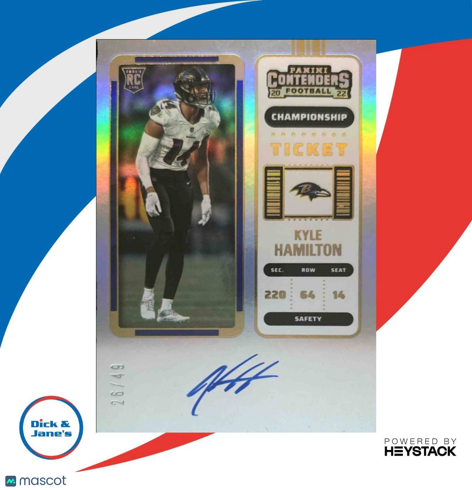 2022 Panini Contenders Kyle Hamilton Championship Ticket /49 #128 RC Auto Ravens