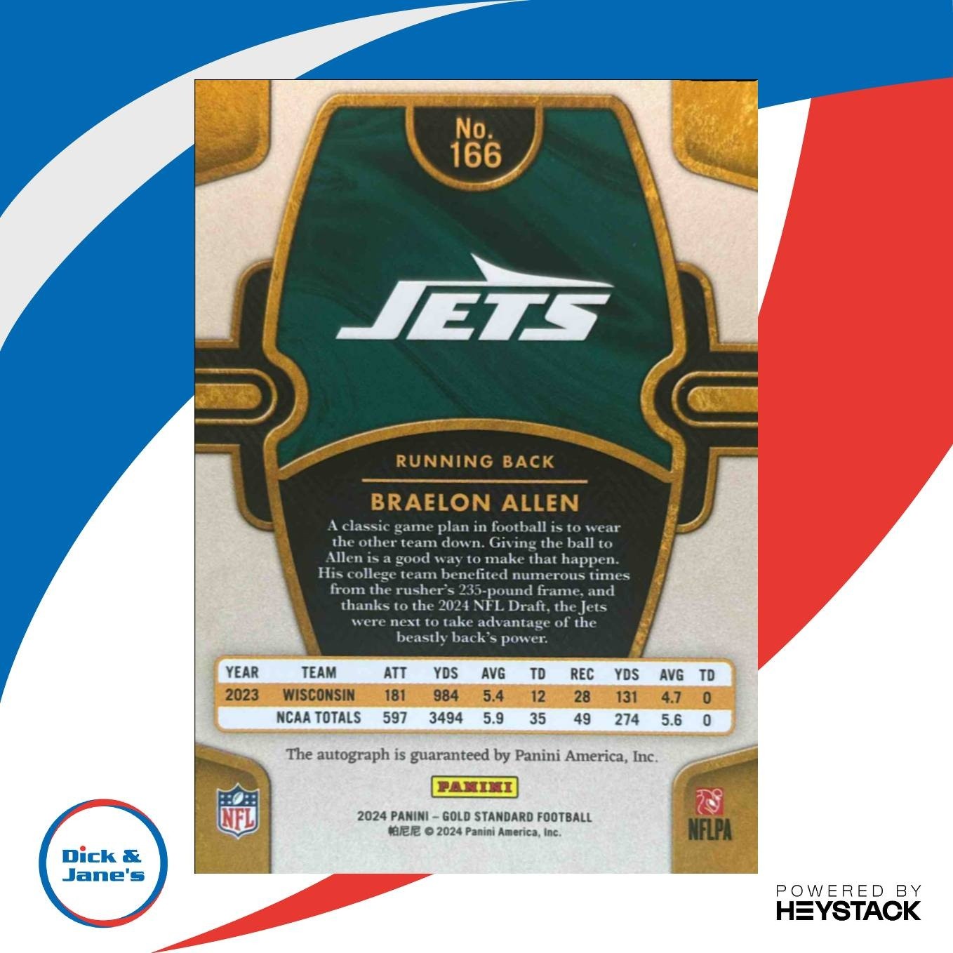 2024 Panini Gold Standard Braelon Allen Auto Rose 7/24 #166 RC New York Jets