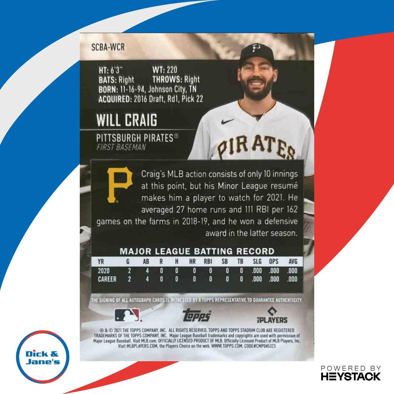 2021 Topps Stadium Club Will Craig Auto #SCBA-WCR RC Pittsburgh Pirates