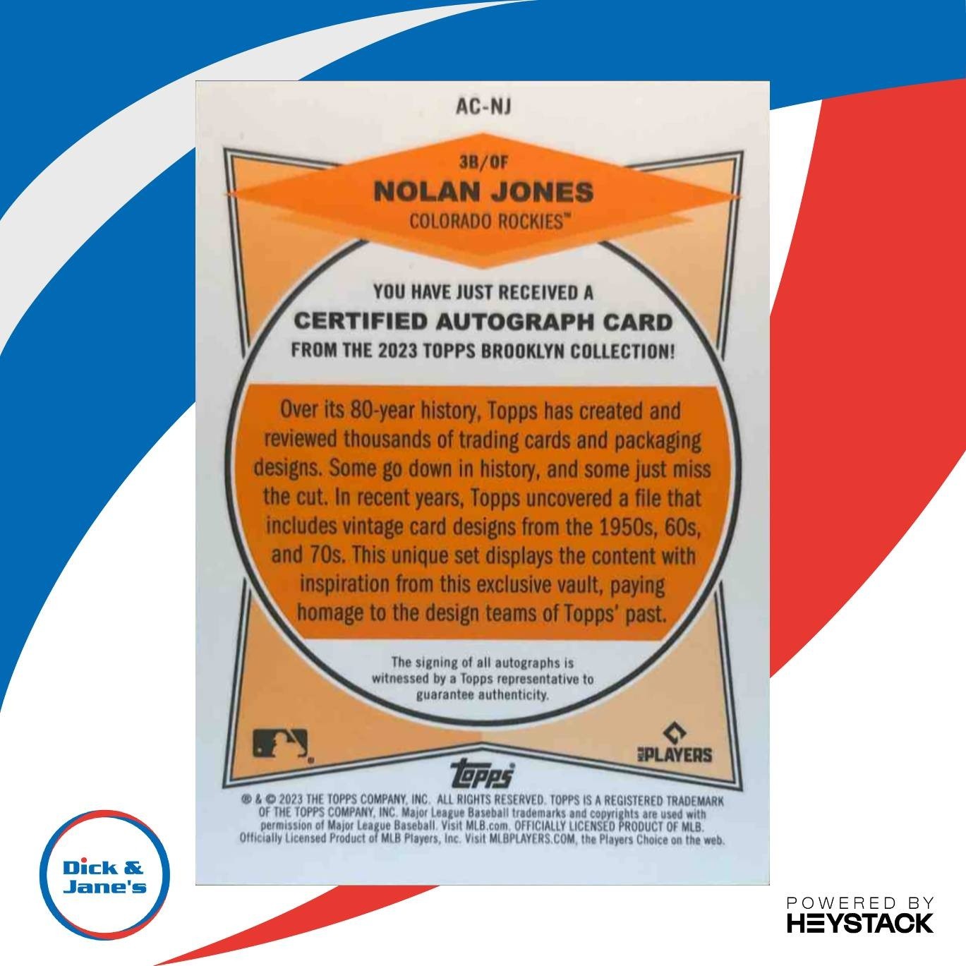 2023 Topps Brooklyn Collection Nolan Jones Auto 43/99 #AC-NJ RC Colorado Rockies