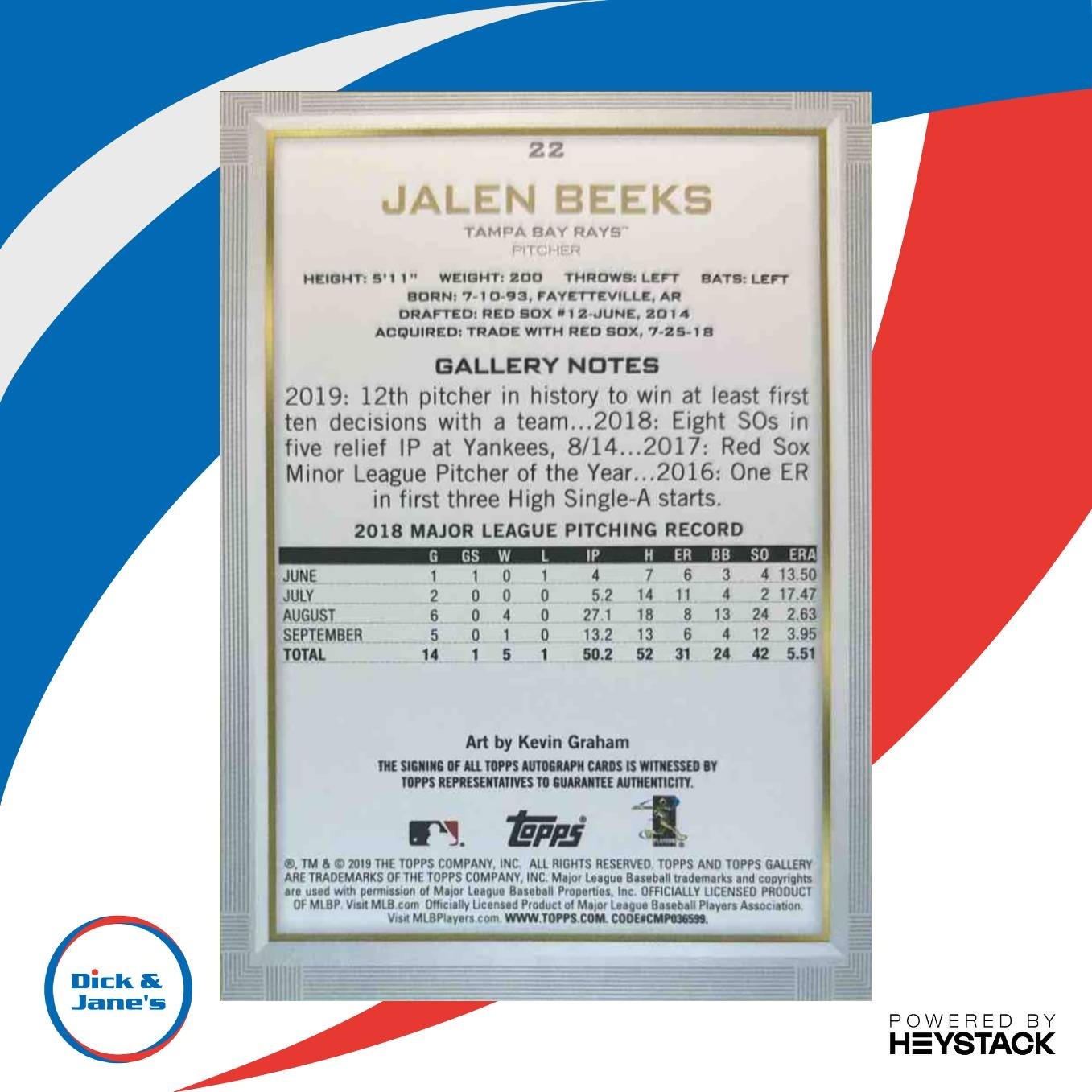 2019 Topps Gallery Jalen Beeks Auto #22 RC Tampa Bay Rays