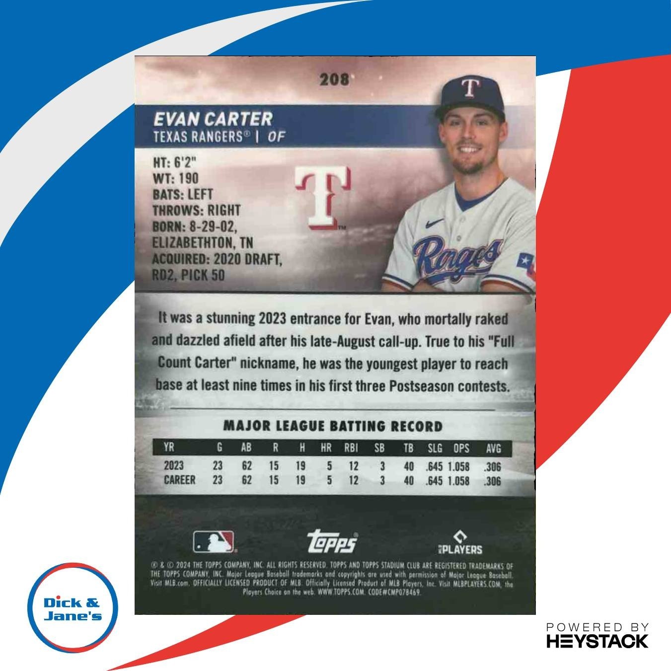 2024 Topps Stadium Club Evan Carter Chrome #208 RC Texas Rangers