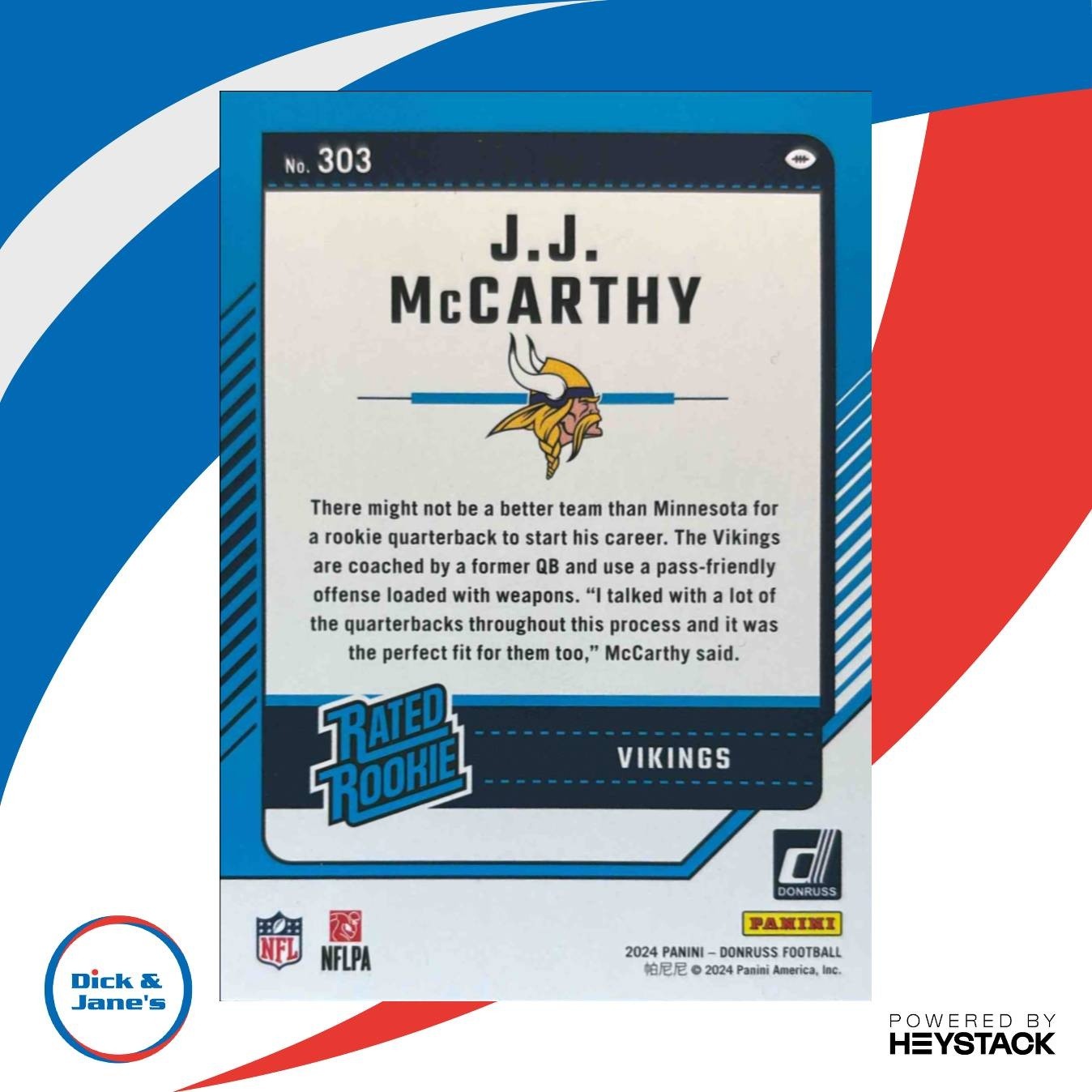 2024 Panini Donruss J.J. McCarthy #303 RC Rated Rookie Minnesota Vikings