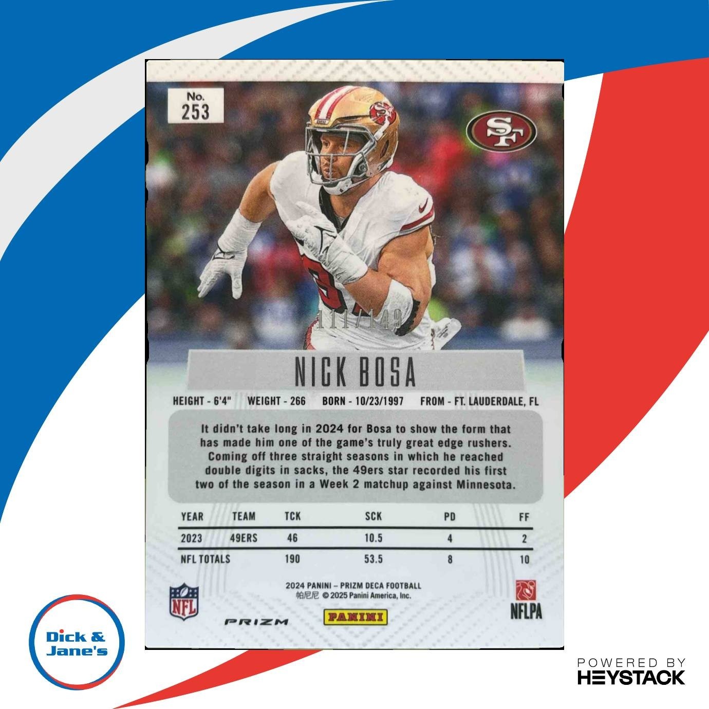 2024 Panini Prizm Deca Nick Bosa Blue 111/149 #253 San Francisco 49ers