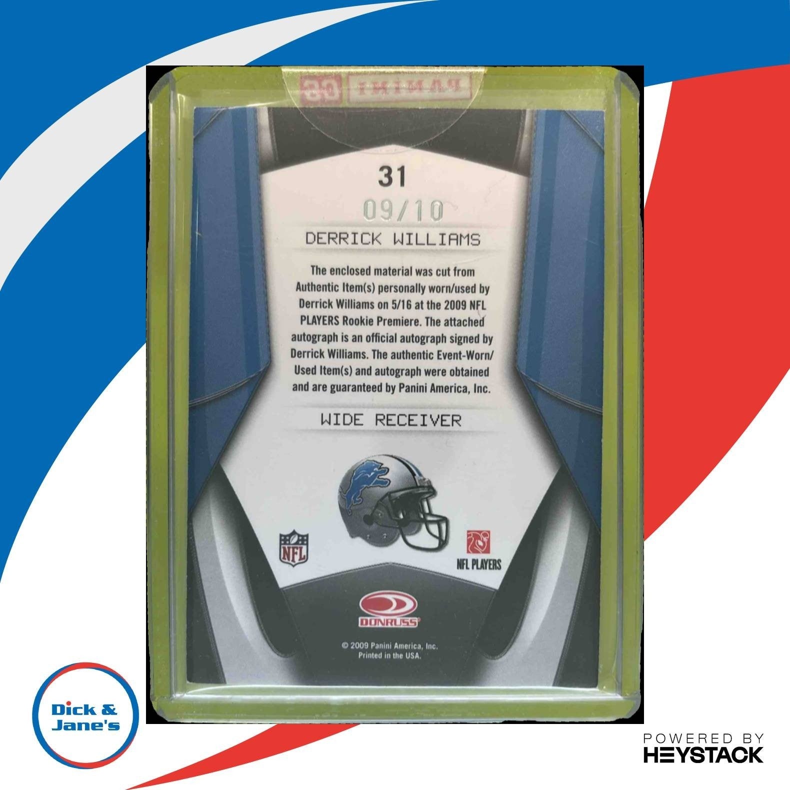 2009 Donruss Gridiron Gear Derrick Williams Next Generation Patch Auto /10 Lions