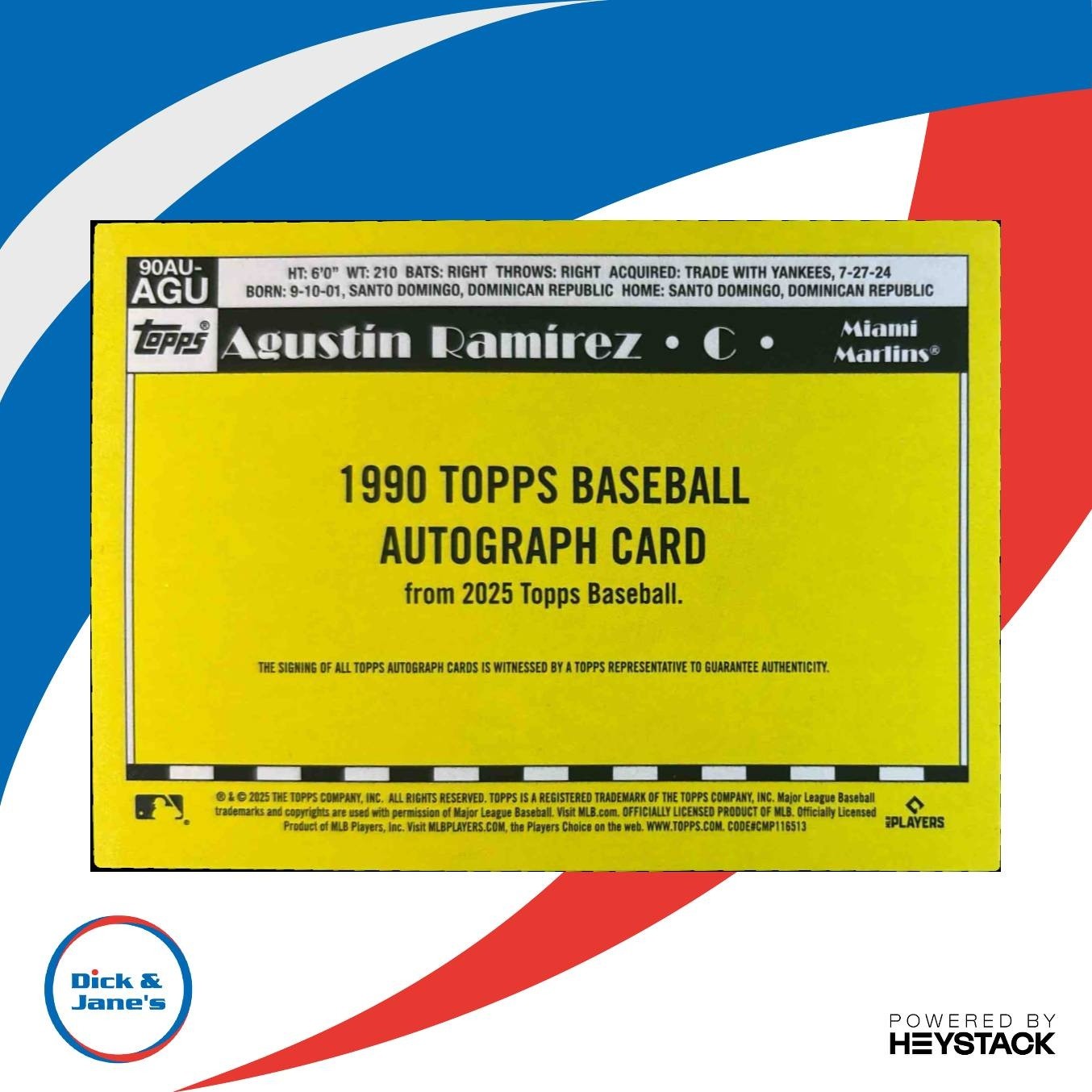 2025 Topps Update Agustin Ramirez 1990 Auto #90AU-AGU RC Miami Marlins