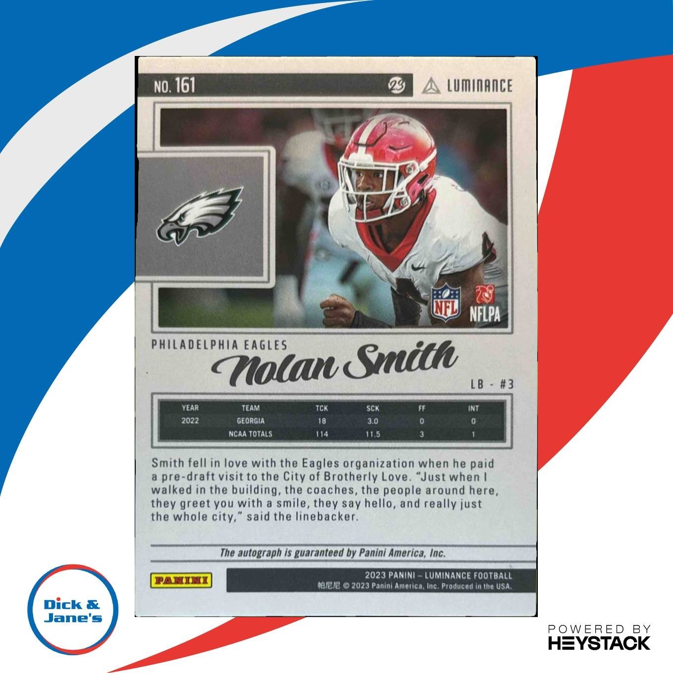 2023 Panini Luminance Nolan Smith Auto Gold /100 #161 RC Philadelphia Eagles
