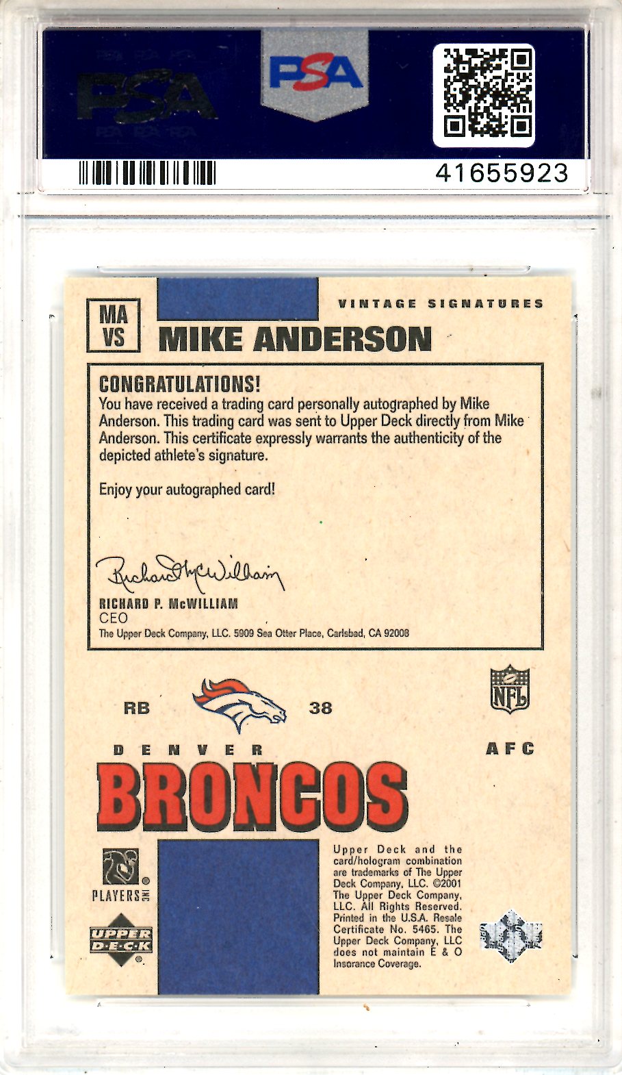 2001 Upper Deck Vintage Vintage Signatures Mike Anderson #MAVS PSA 10 GEM MINT