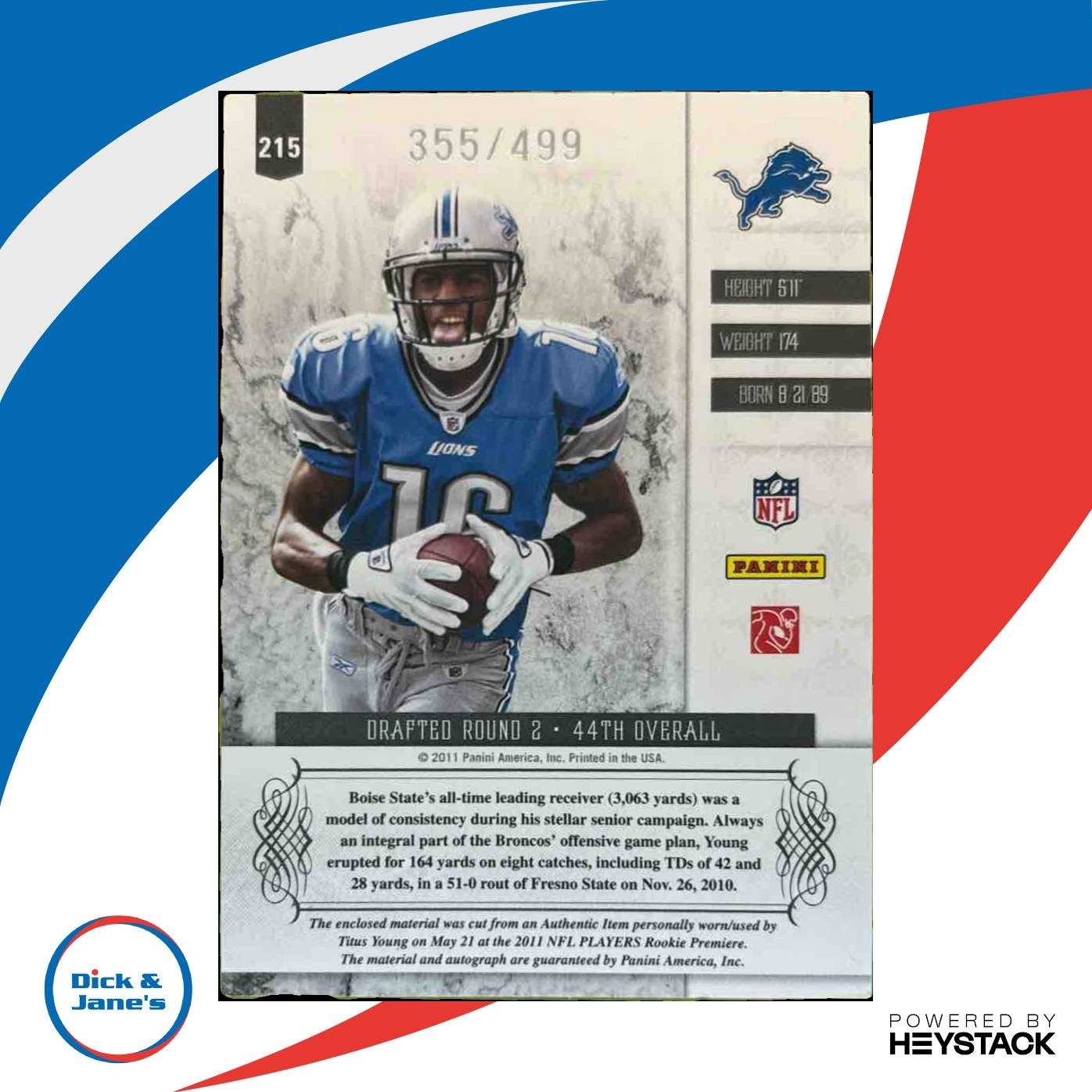 2011 Panini Plates & Patches Titus Young /499 #215 RC Auto Detroit Lions