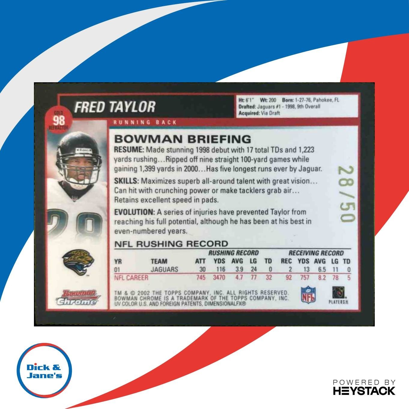 2002 Bowman Chrome Fred Taylor Refractor Gold 28/50 #98 Jacksonville Jaguars