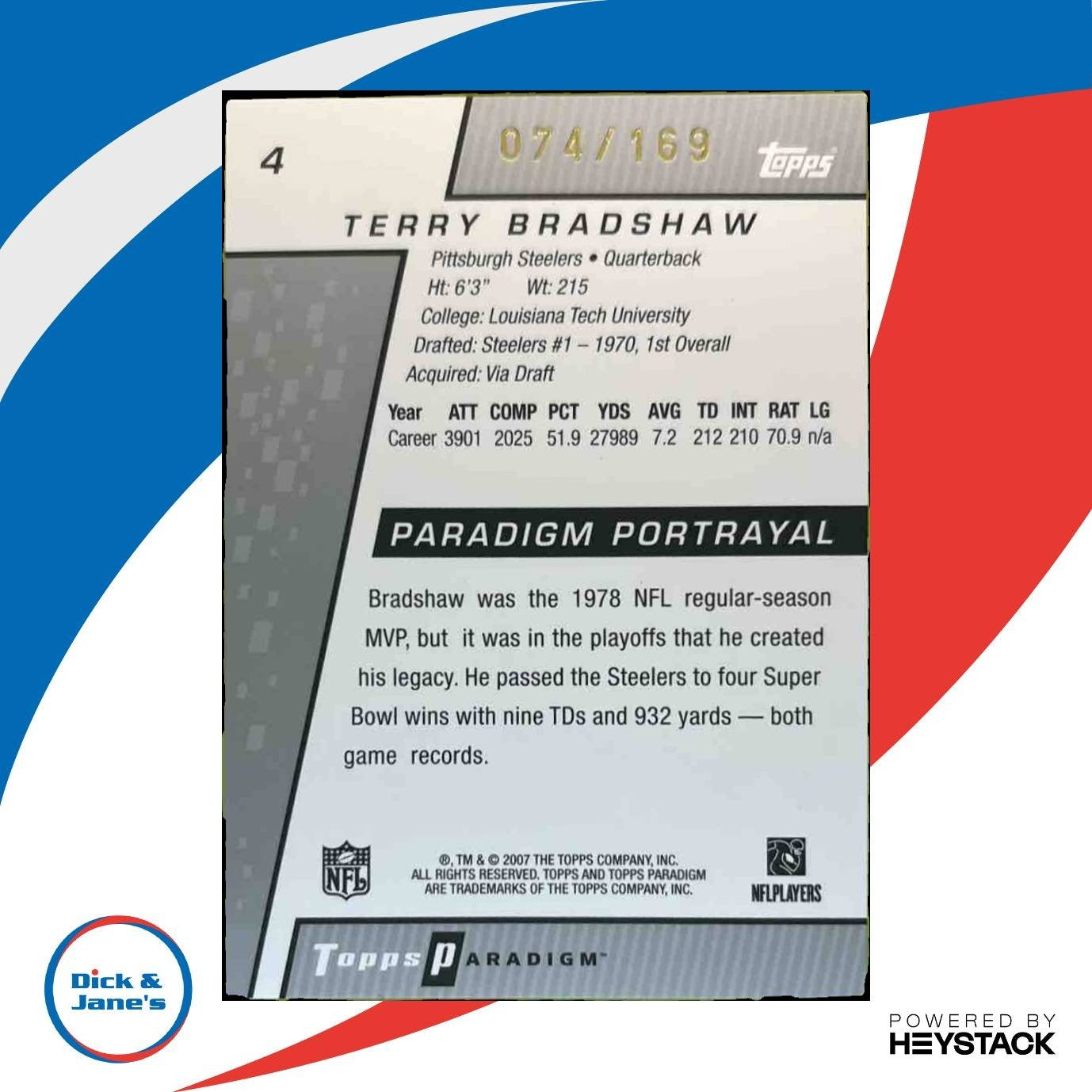 2006 Topps Paradigm Terry Bradshaw /169 #4 Pittsburgh Steelers