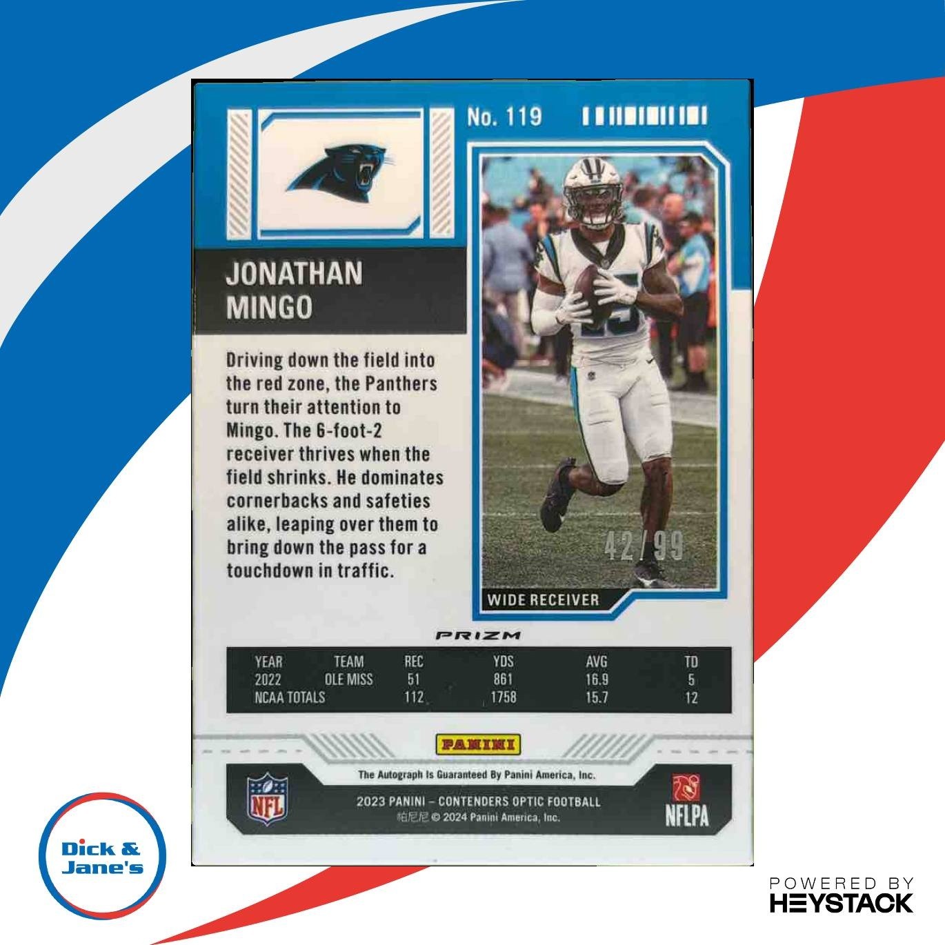 2023 Contenders Optic Jonathan Mingo Teal /99 #119 RPS Auto RC Carolina Panthers