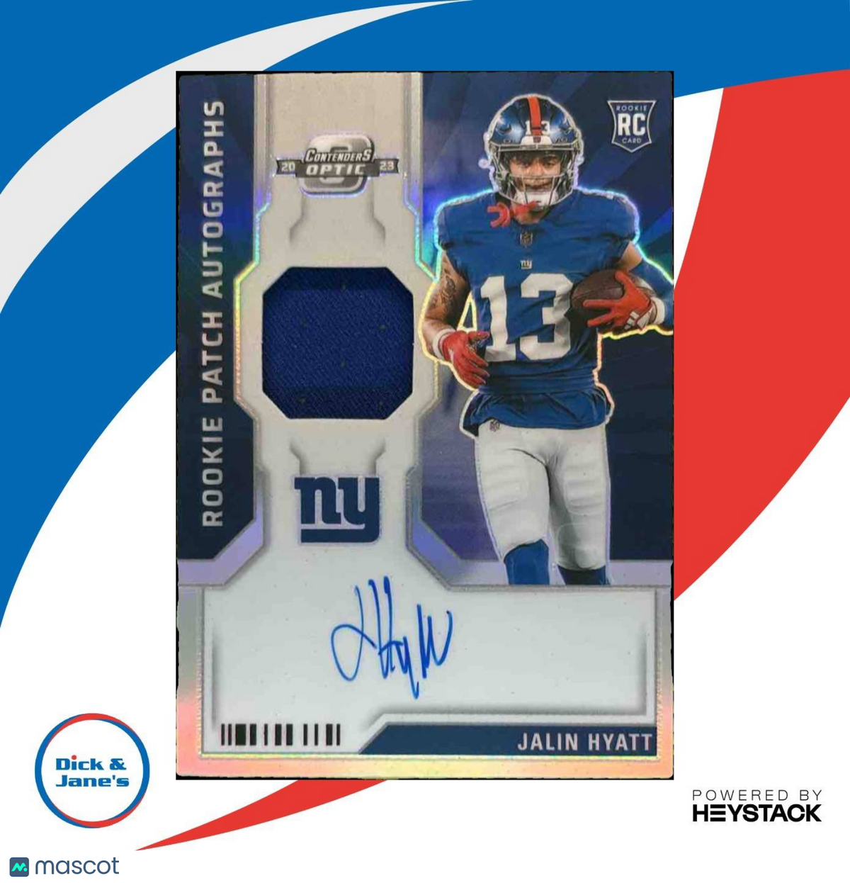 2023 Contenders Optic Jalin Hyatt Rookie Patch Auto /75 MEM RC New York Giants