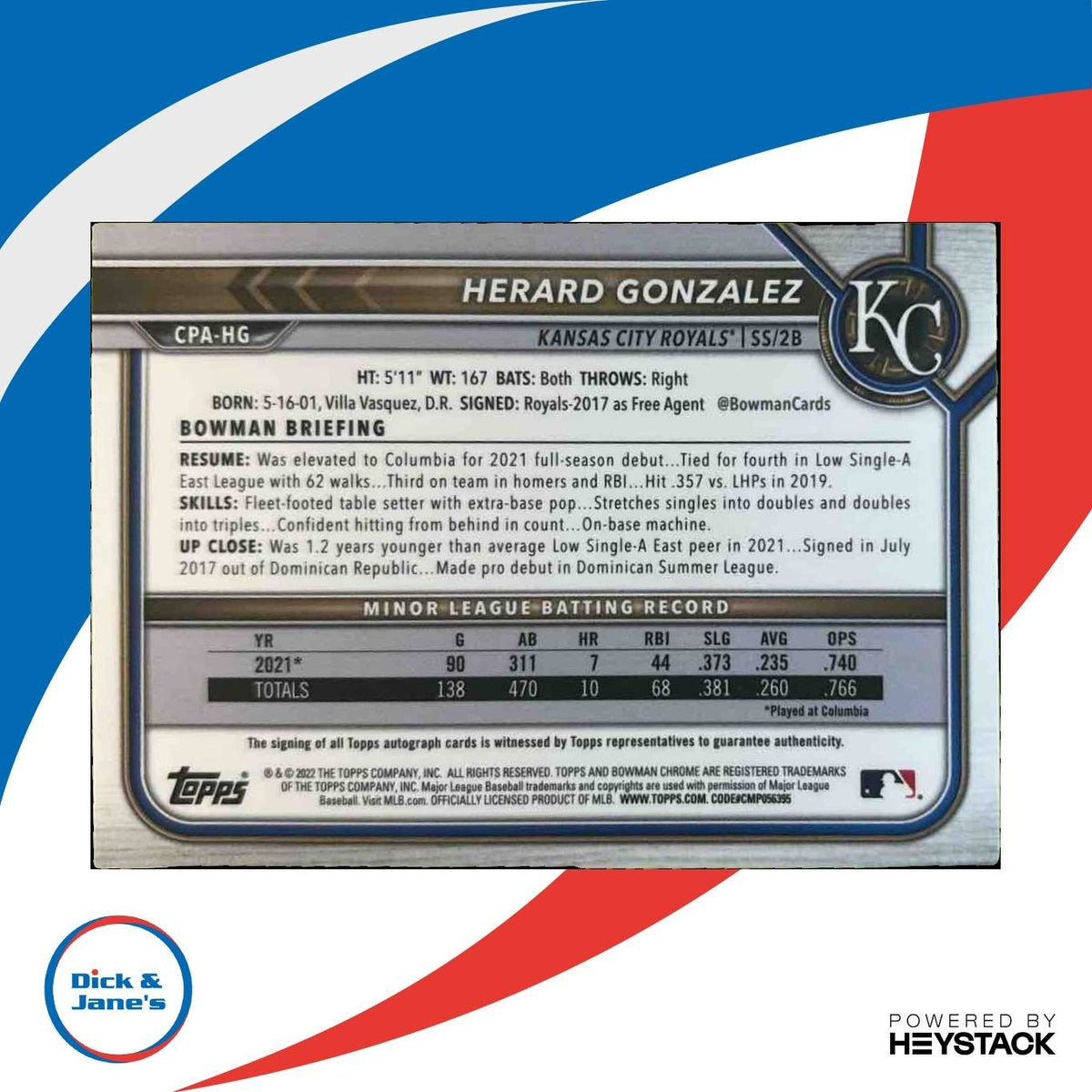 2022 Bowman Chrome Herard Gonzalez Auto Orange Shimmer /25 1st Prospect Royals