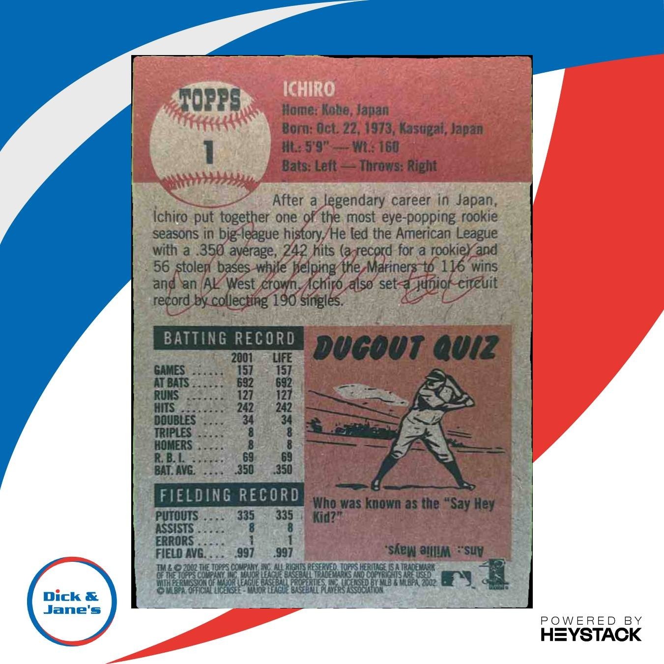 2002 Topps Heritage Ichiro #1 Seattle Mariners