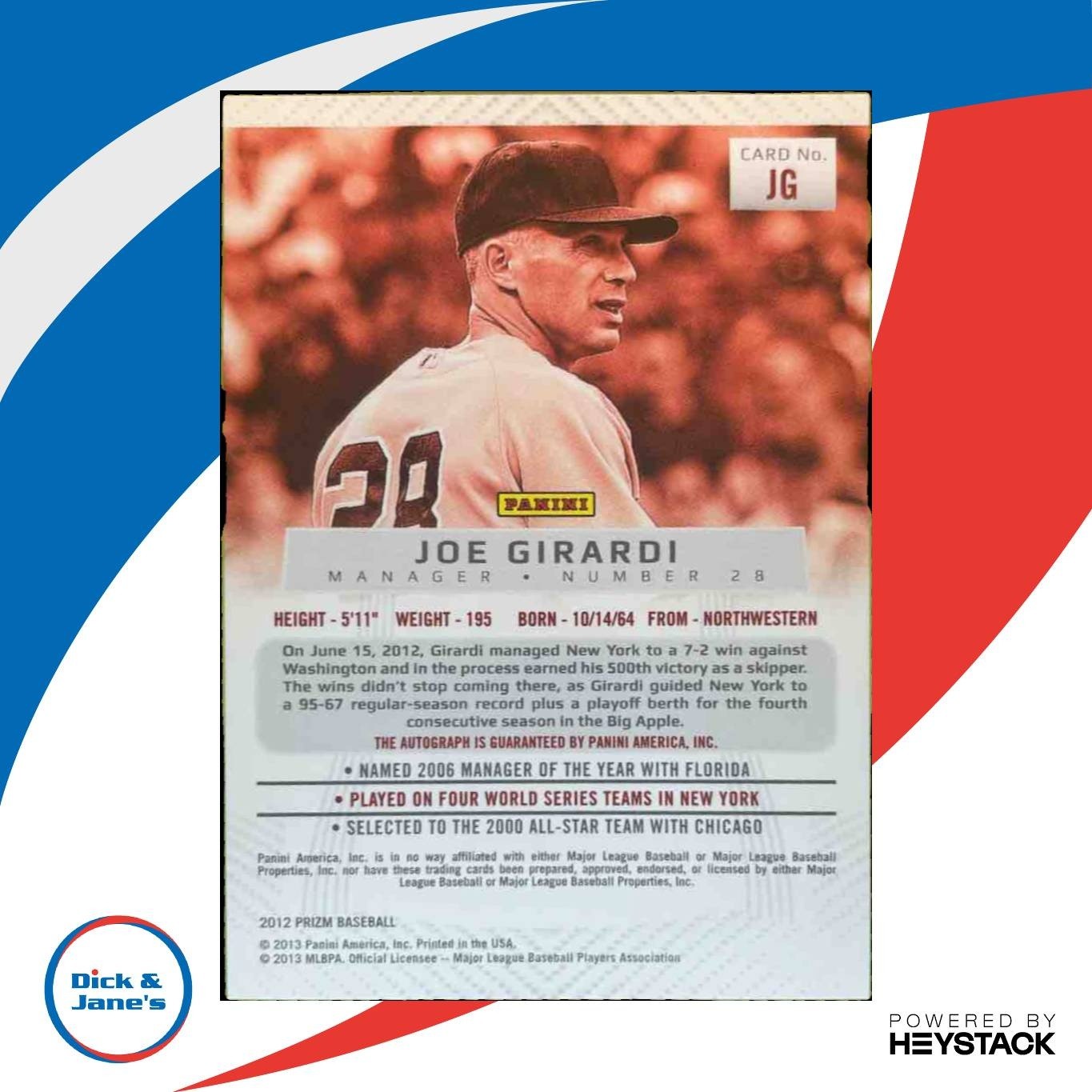 2012 Panini Prizm Joe Girardi Auto #JG New York Yankees