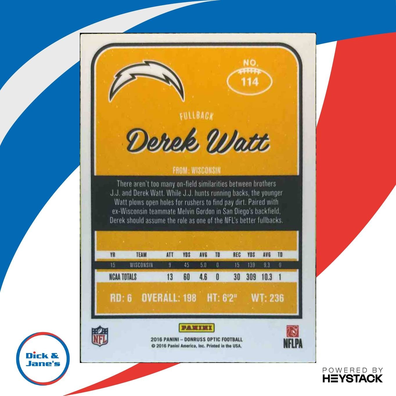 2016 Panini Donruss Optic Derek Watt Holo #114 RC San Diego Chargers