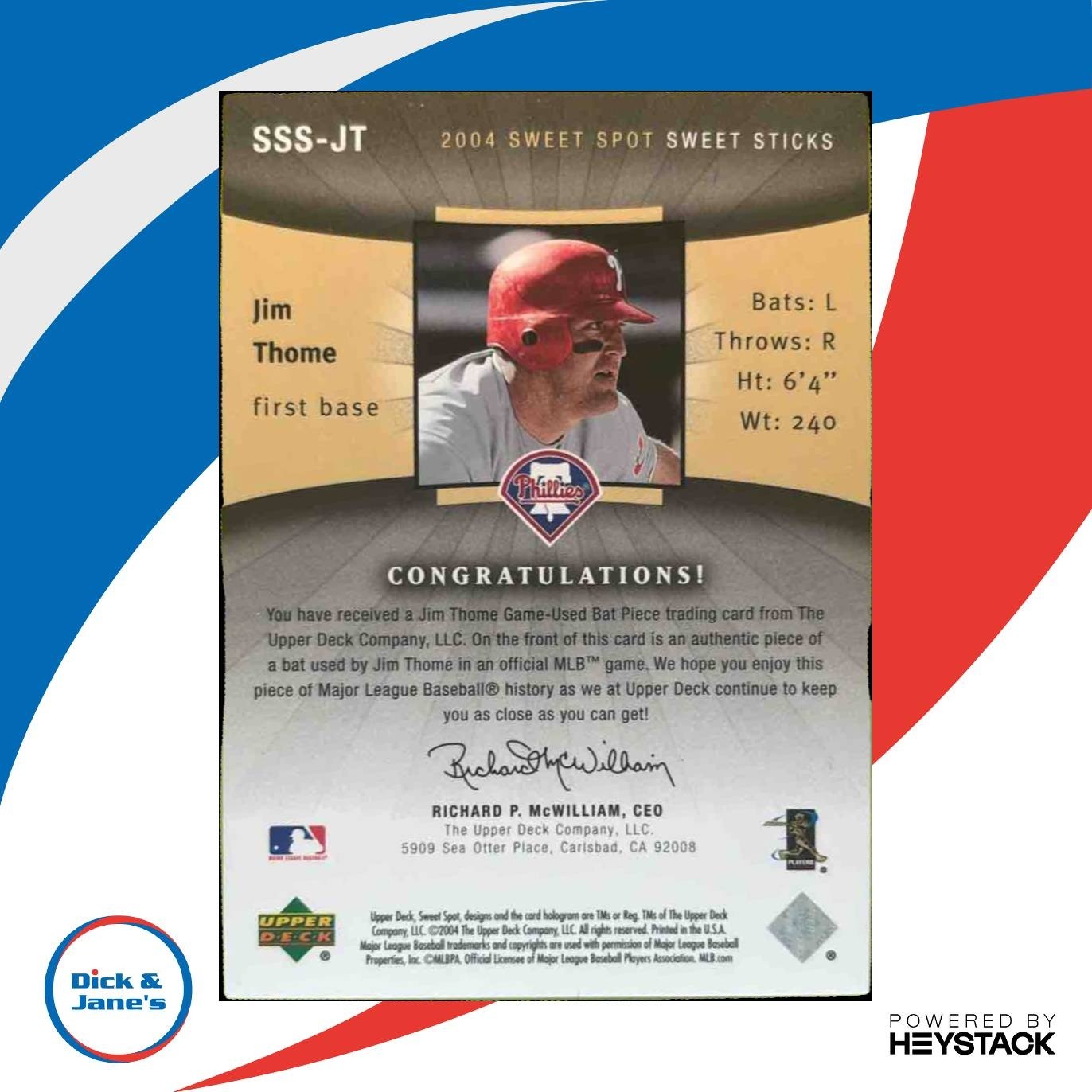 2004 Upper Deck Sweet Spot Jim Thome Sticks /199 #SSS-JT Philadelphia Phillies