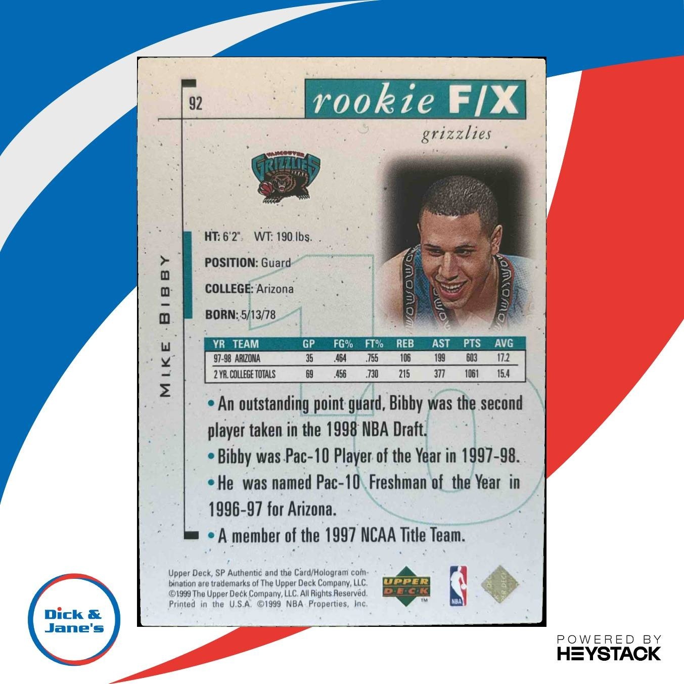 1998-99 SP Authentic Mike Bibby /3500 #92 RC Vancouver Grizzlies