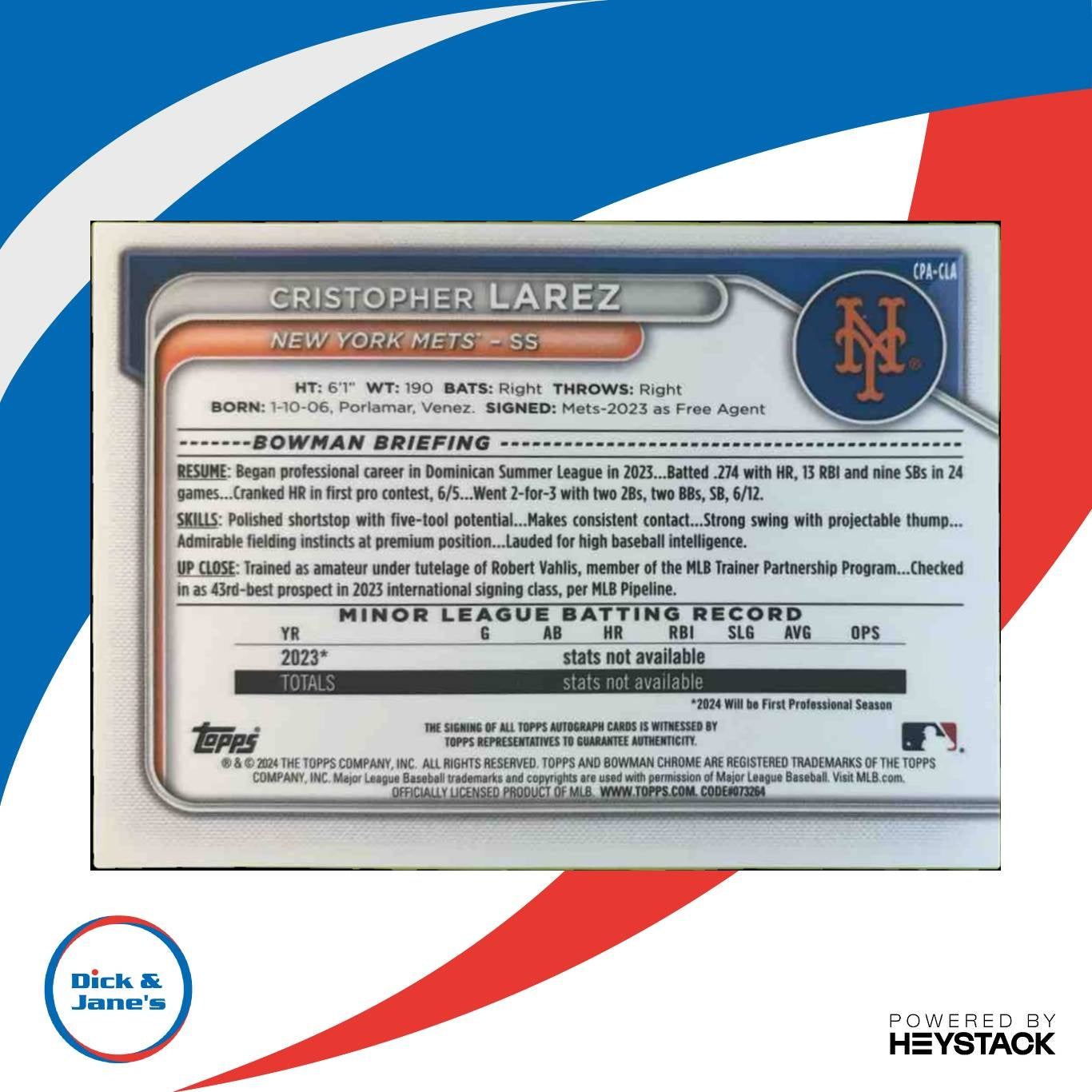 2024 Bowman Chrome Cristopher Larez Auto Gold Shimmer /50 1st Prospect Mets