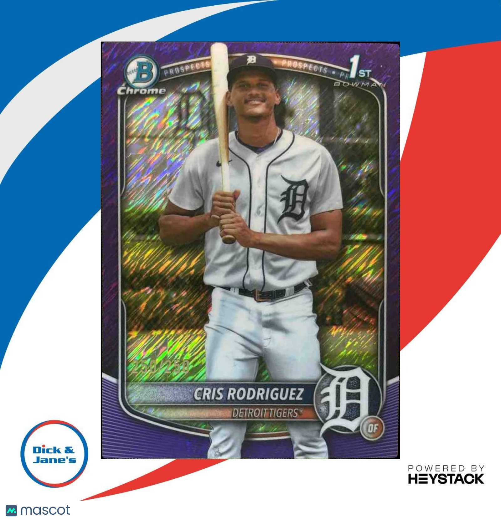 2025 Bowman Chrome Cris Rodriguez Purple Shimmer /250 1st Prospect Tigers