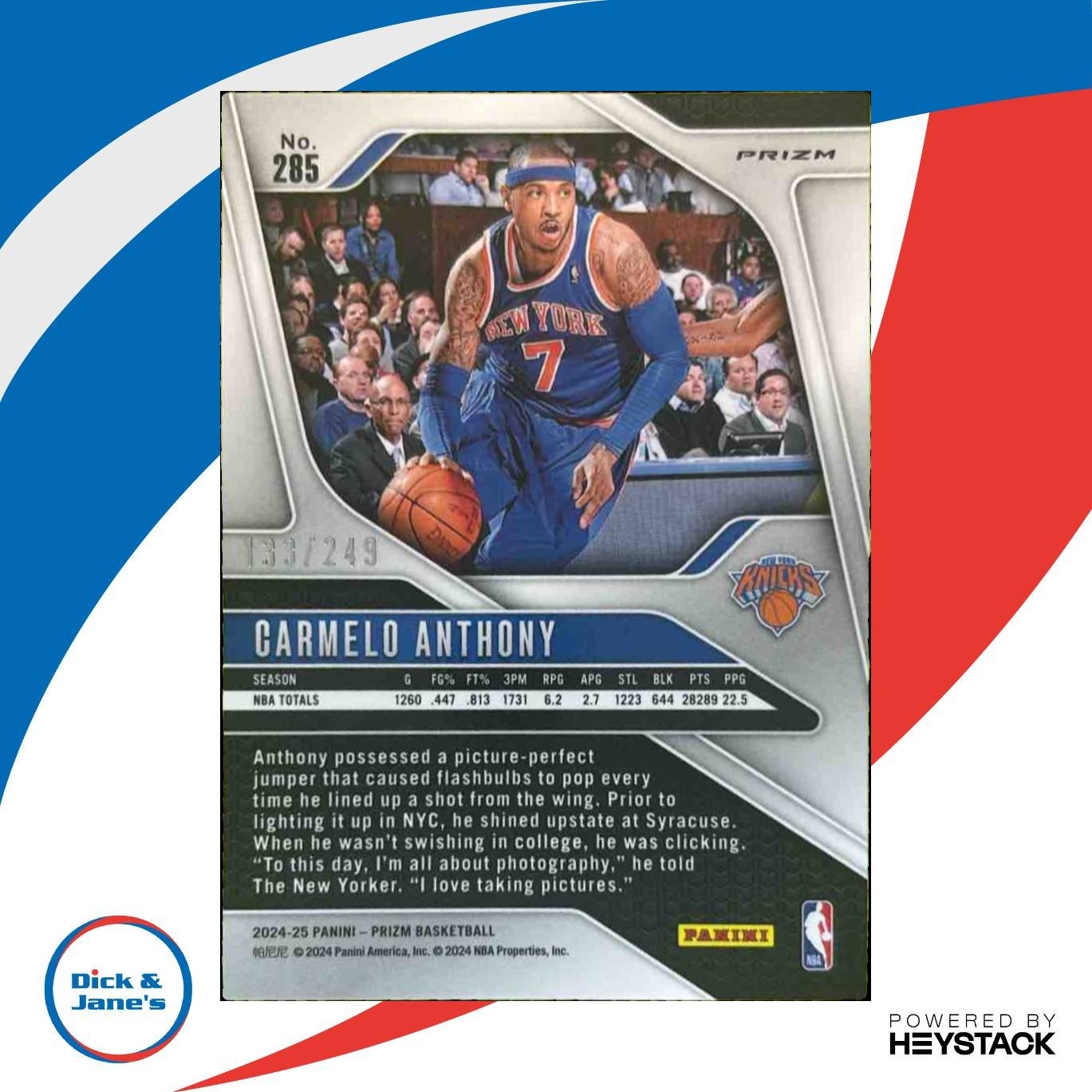 2024-25 Panini Prizm Carmelo Anthony Pink 133/249 #285 New York Knicks