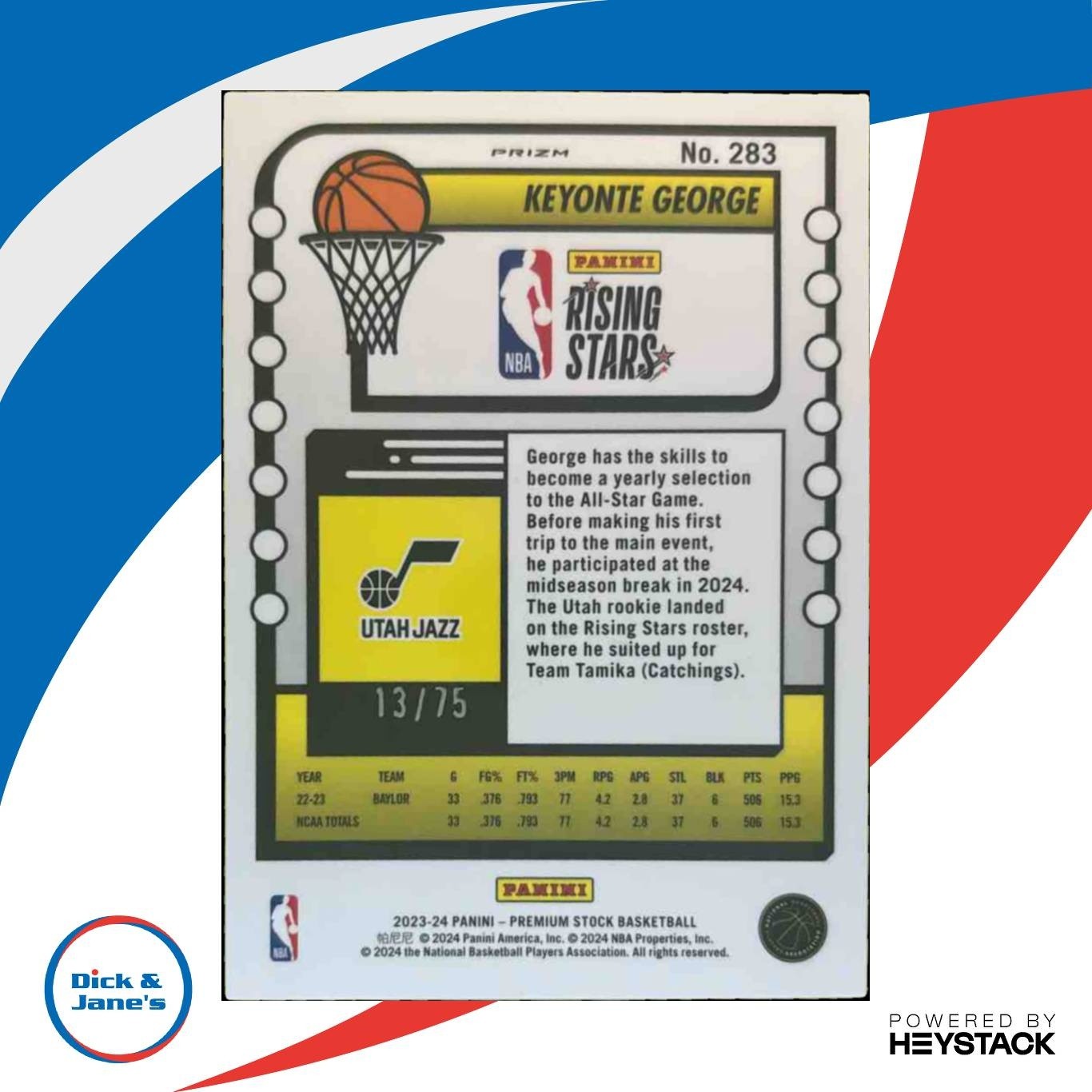 2023-24 Panini Hoops Keyonte George Rising Stars Green /75 #283 RC Utah Jazz