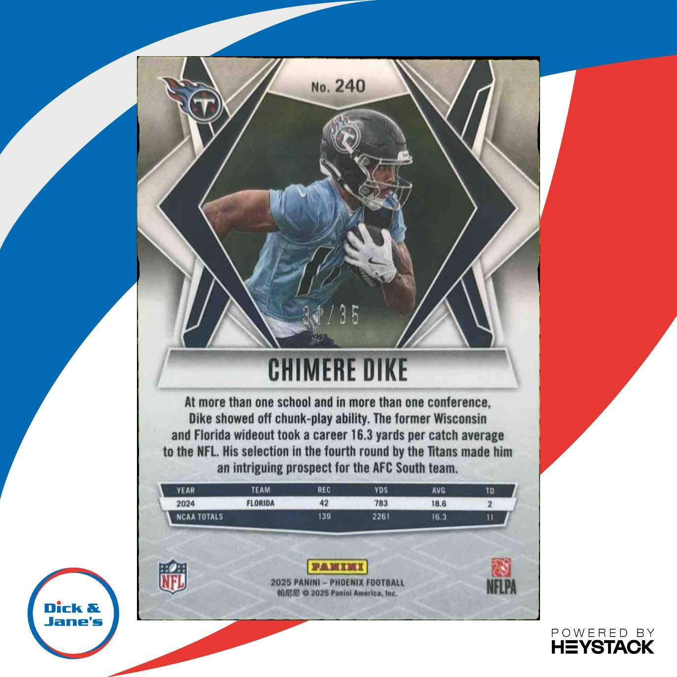 2025 Panini Phoenix Chimere Dike Blue Seismic 31/35 #240 RC Tennessee Titans