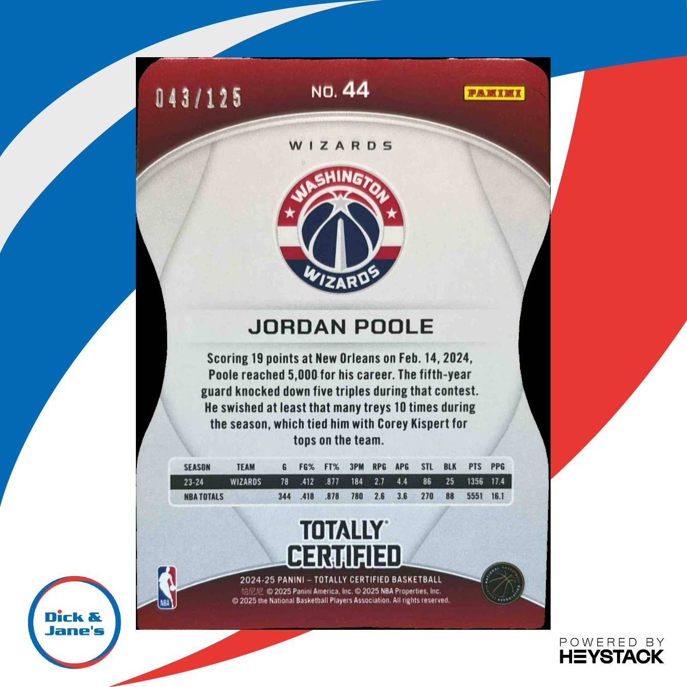 2024-25 Totally Certified Jordan Poole Red Die-Cut /125 #44 Washington Wizards