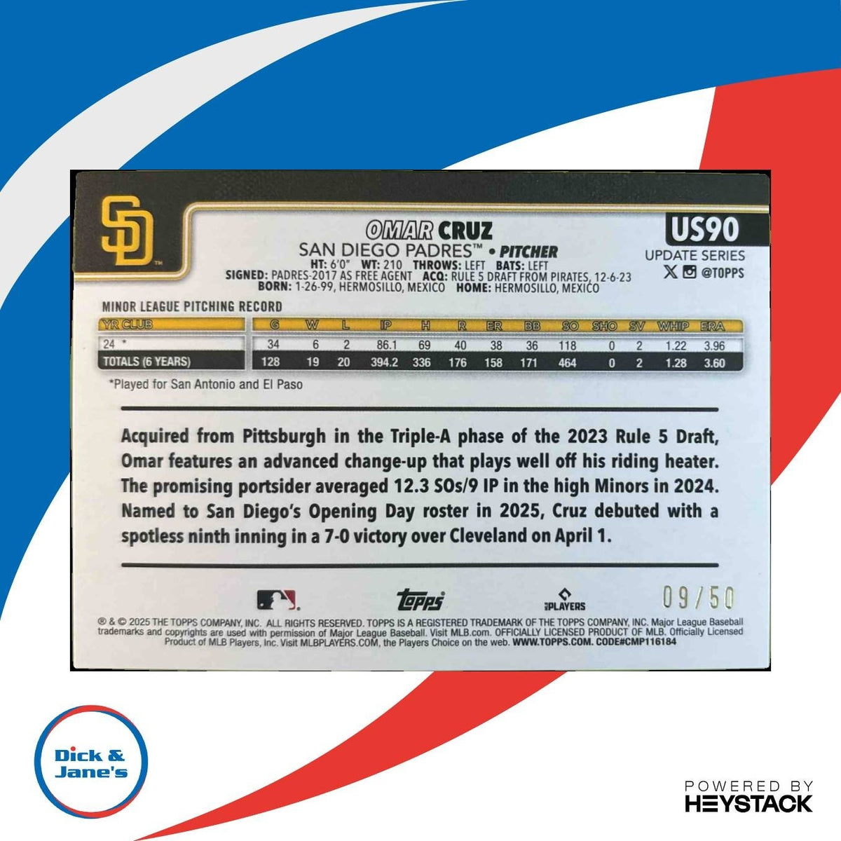 2025 Topps Update Omar Cruz Holiday Mummy 9/50 #US90 RC San Diego Padres