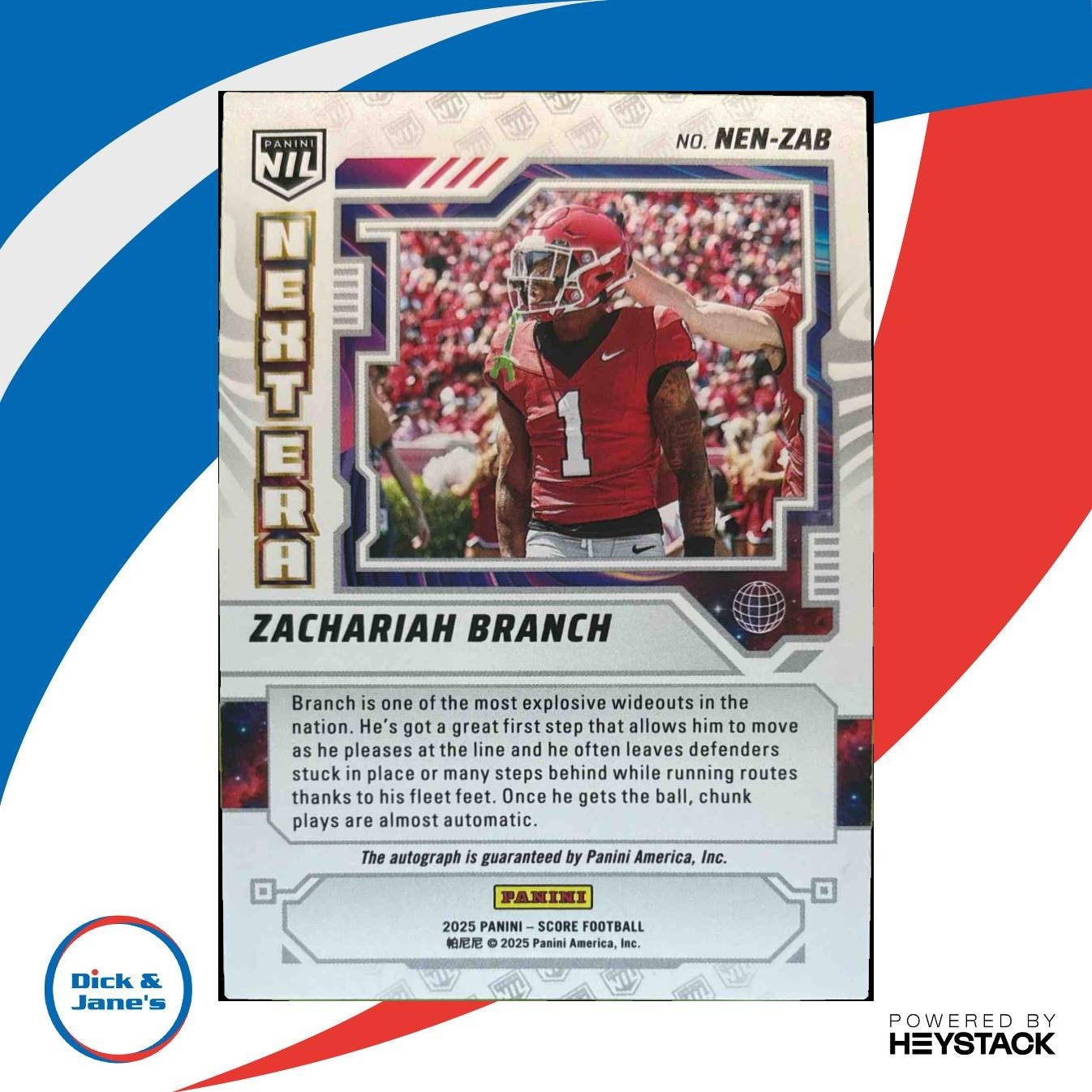 2025 Panini Score Zachariah Branch Next Era NIL Auto #NEN-ZAB Georgia Bulldogs