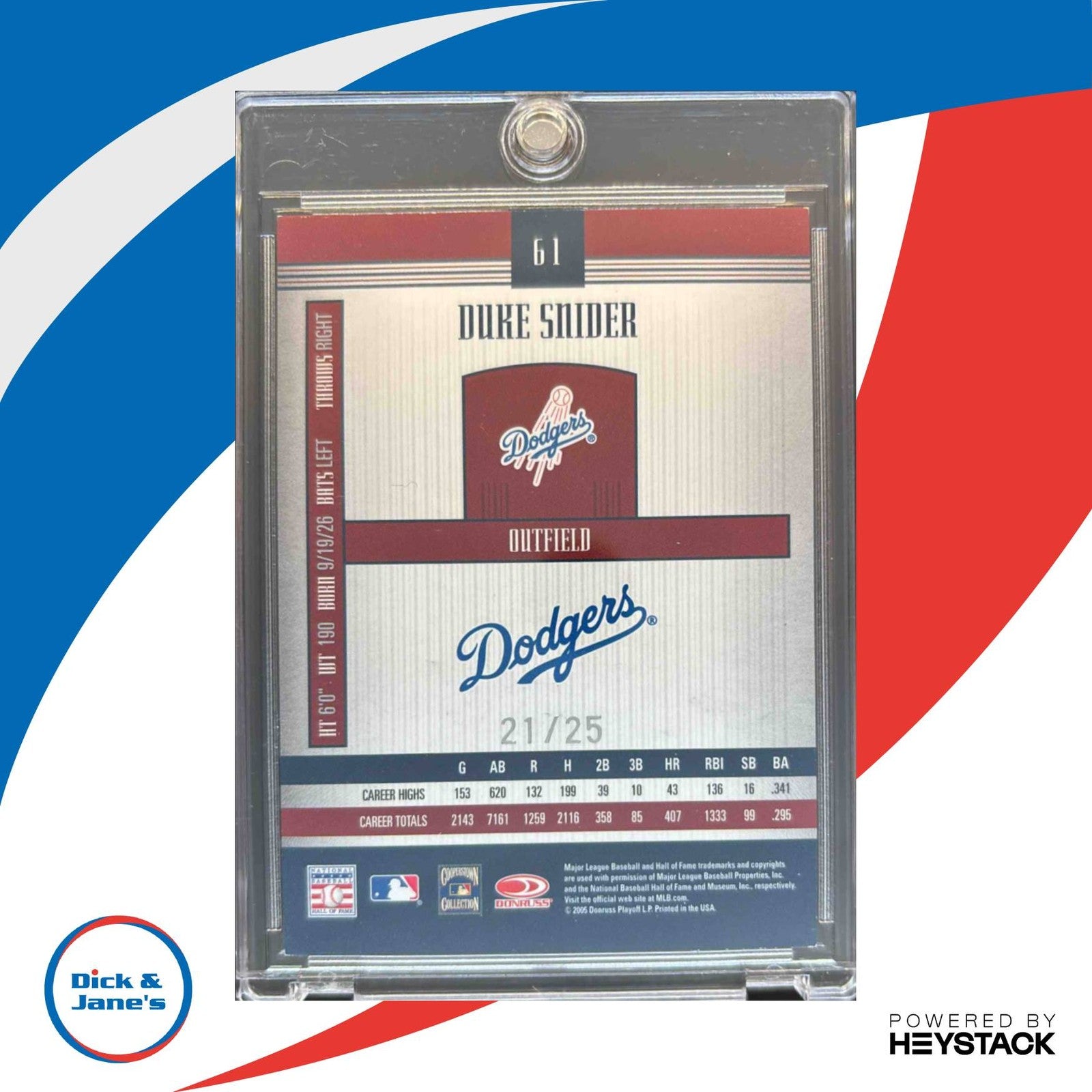 2005 Donruss Signature Duke Snider Auto Platinum Master Series 21/25 #61 Dodgers