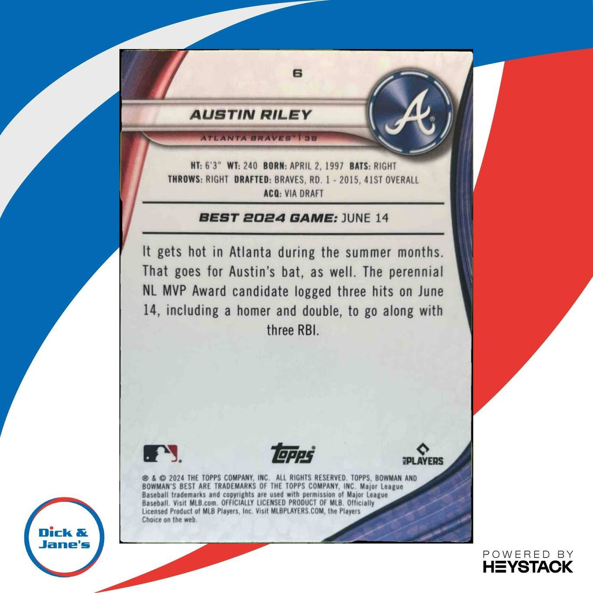2024 Bowman's Best Austin Riley Purple Refractor 20/250 #6 Atlanta Braves