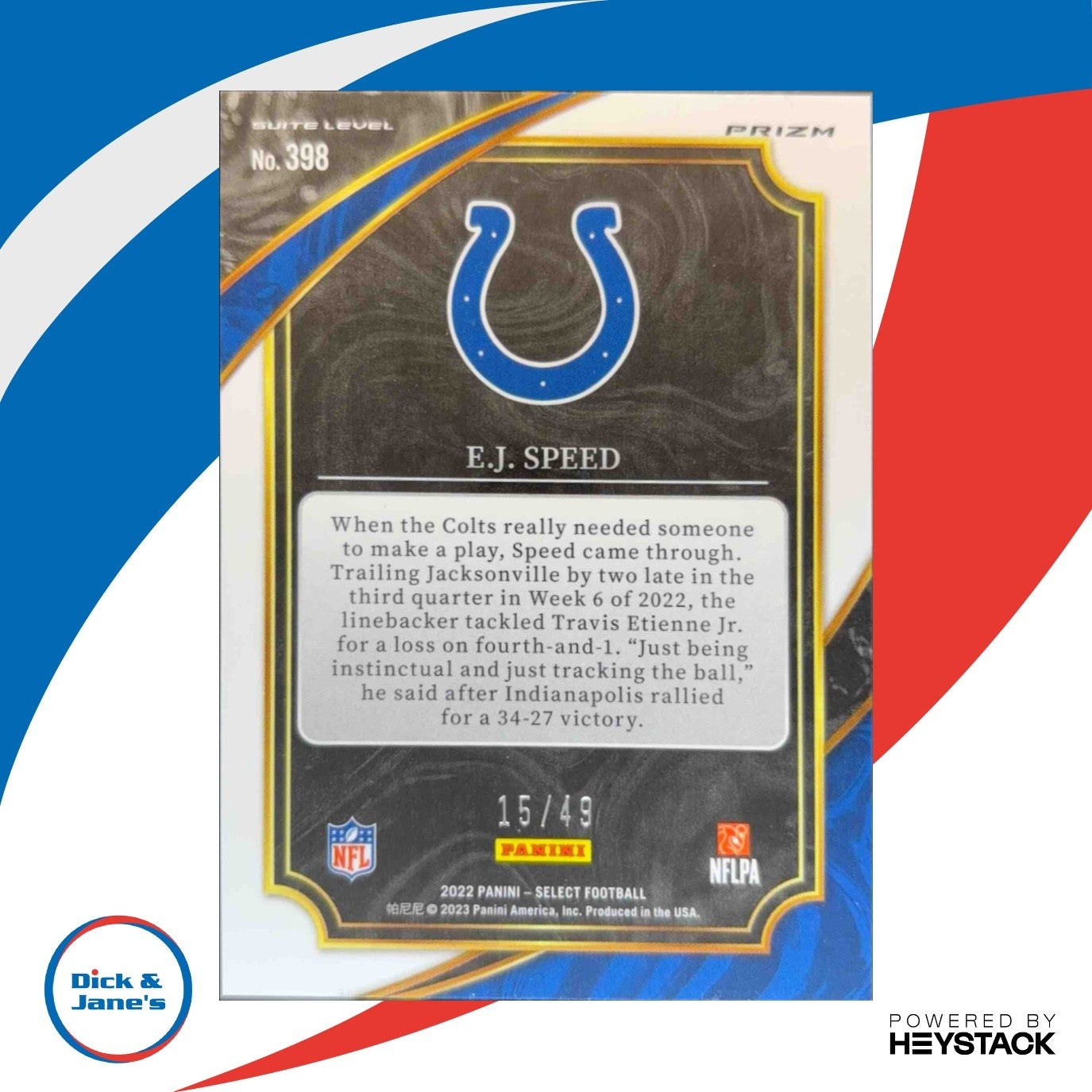 2022 Panini Select E.J. Speed Red Disco Prizm 15/49 #398 RC Indianapolis Colts
